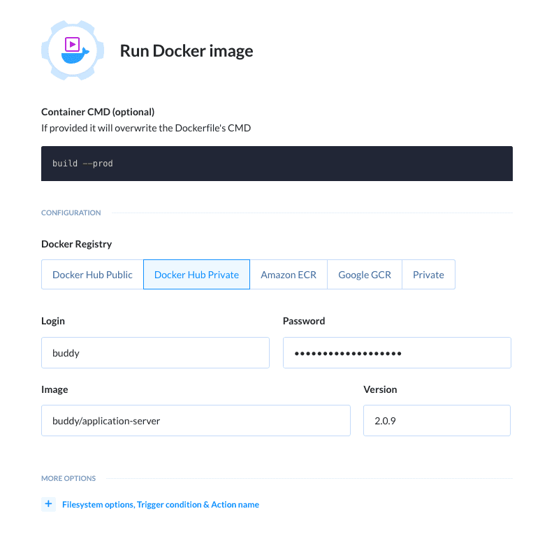 'Run Docker image' action details