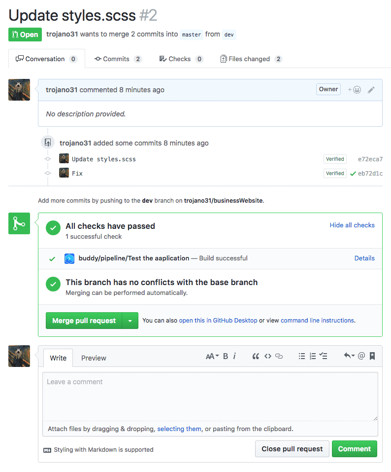 Pull request status on GitHub