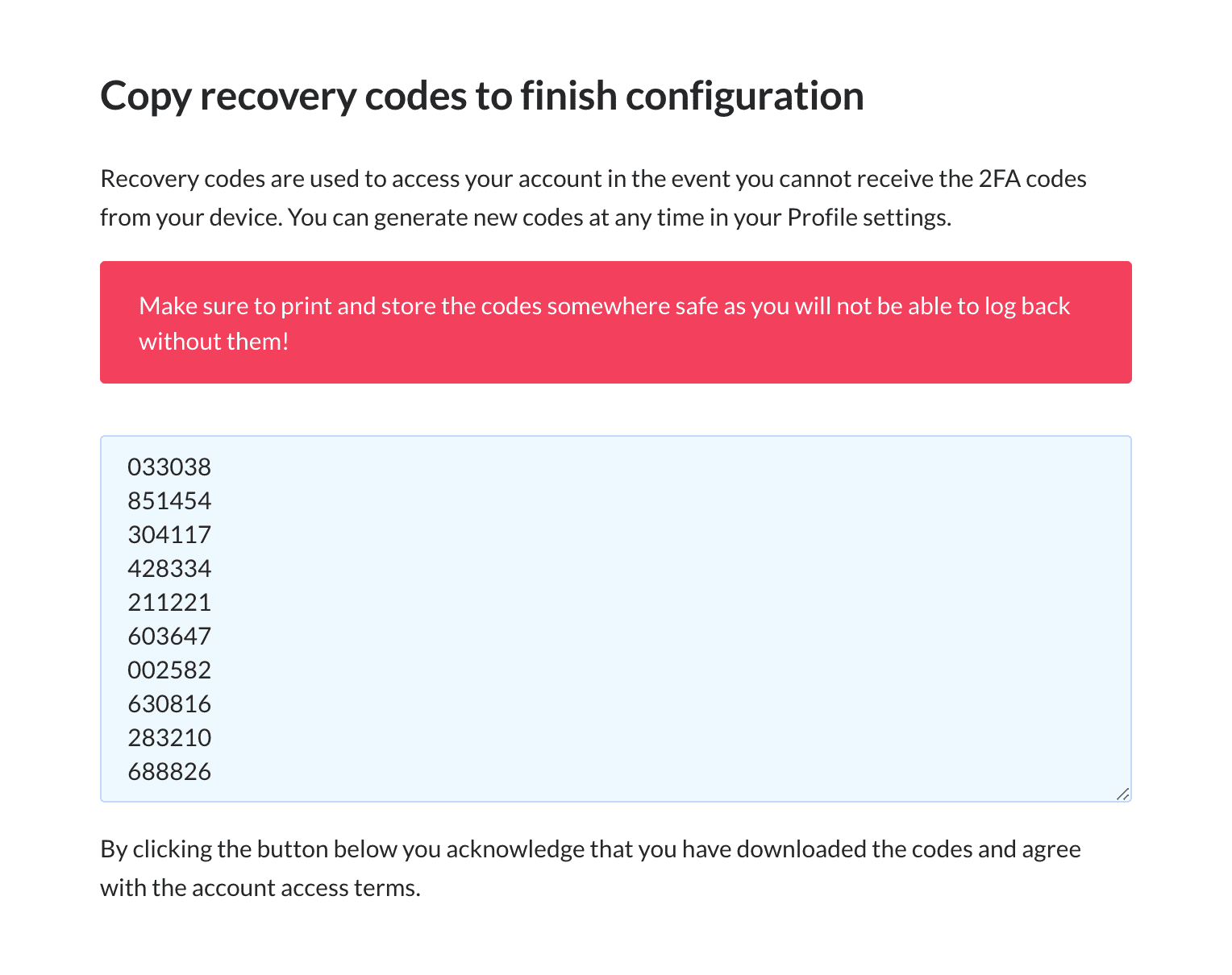 Recovery codes screen