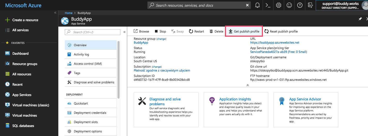 Fetching publish profile from Azure
