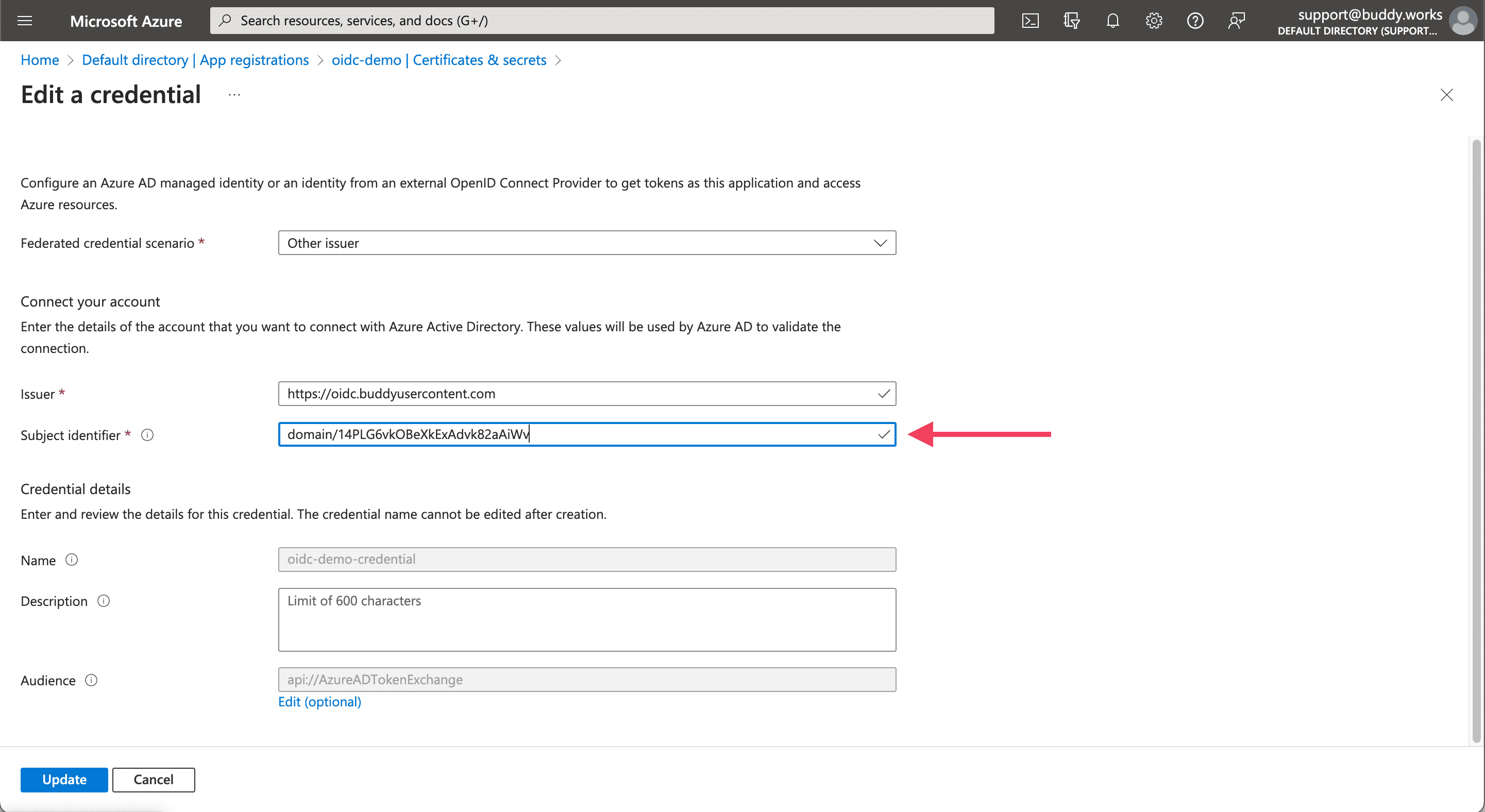 Edit credential view in Azure