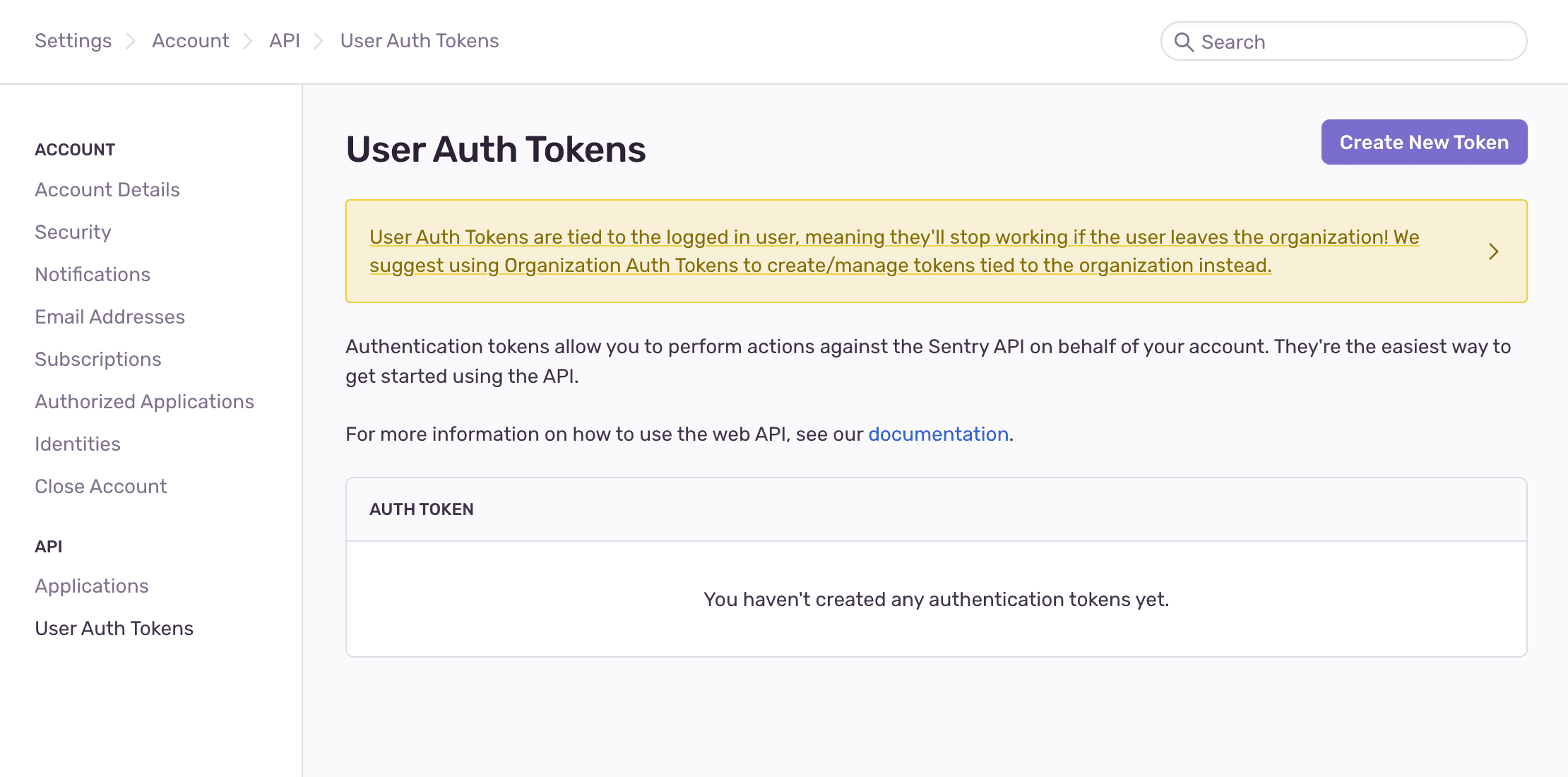 Creating new token in Sentry