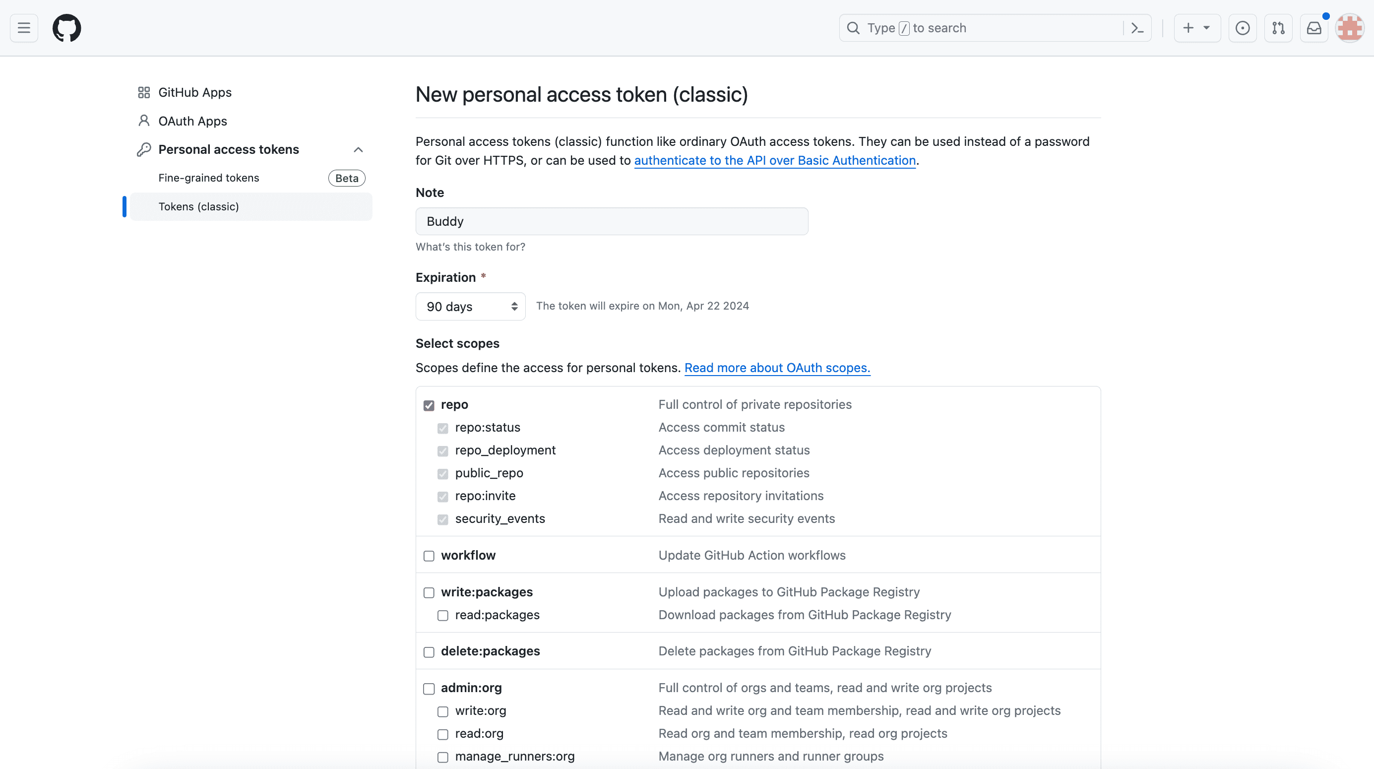 Selecting scope of PSA permissions in GitHub