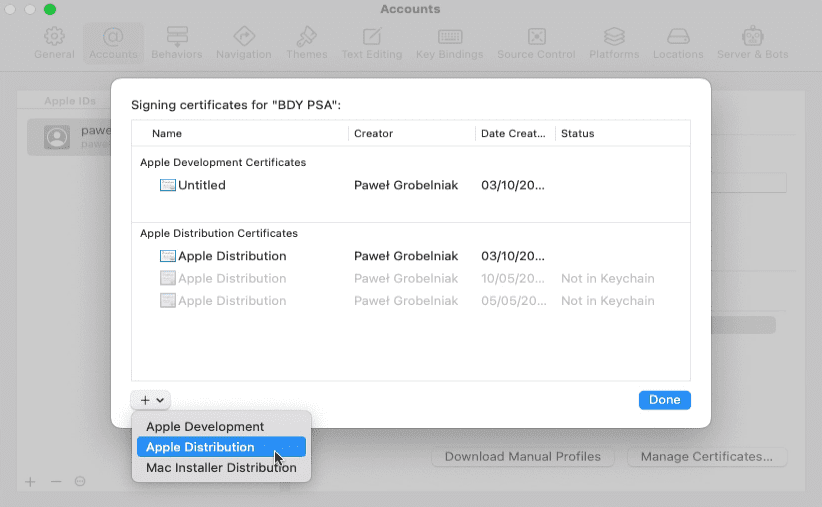 Adding Apple distribution certificate