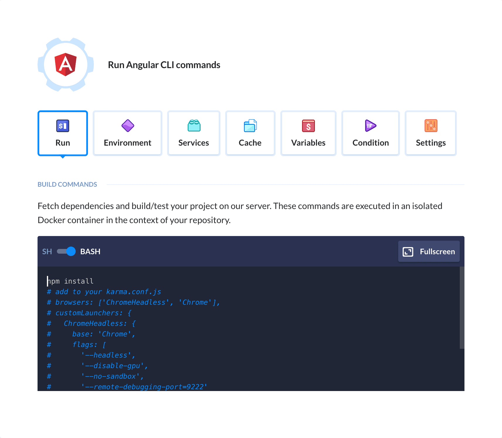 Preview Angular CLI action, tab Run