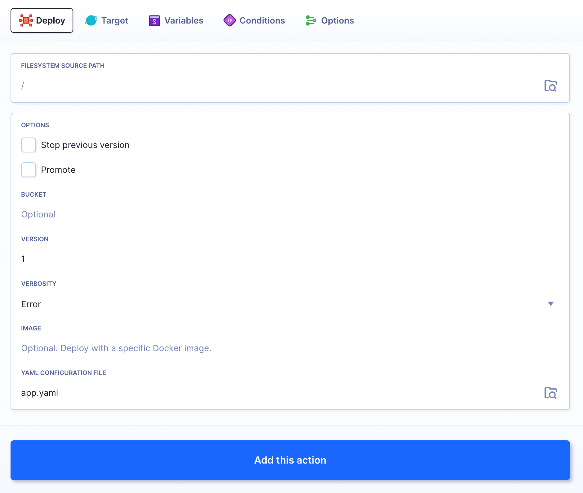 Preview Google App Engine action, tab Deploy