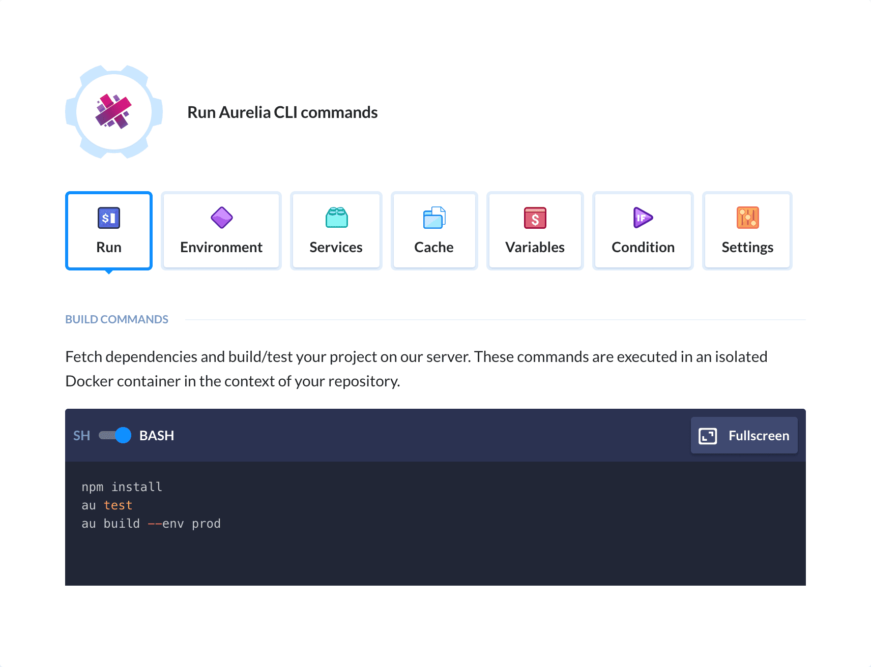 Preview Aurelia CLI action, tab Run