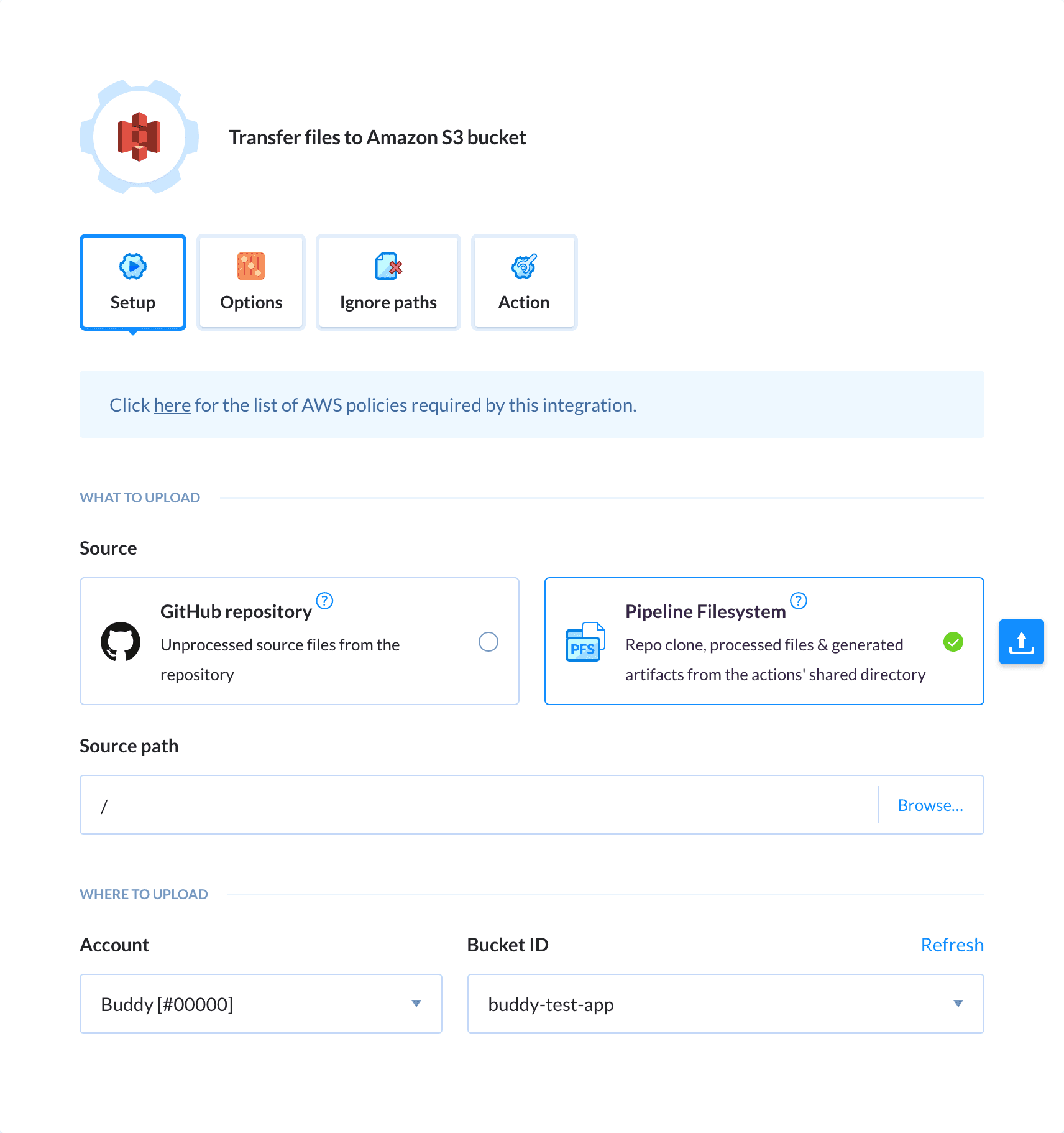 Preview Amazon S3 action, tab Setup