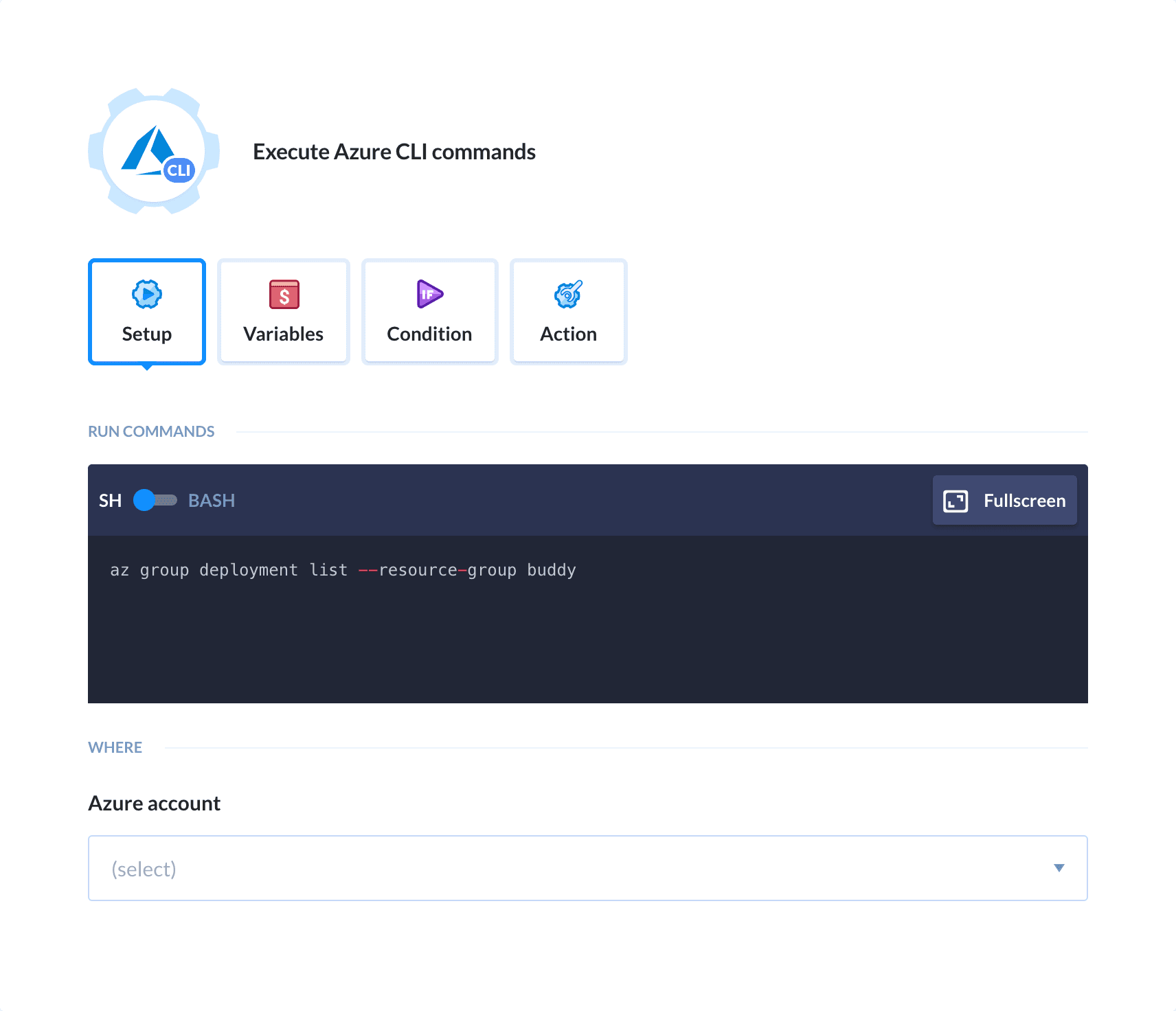 Preview Azure CLI action, tab Setup