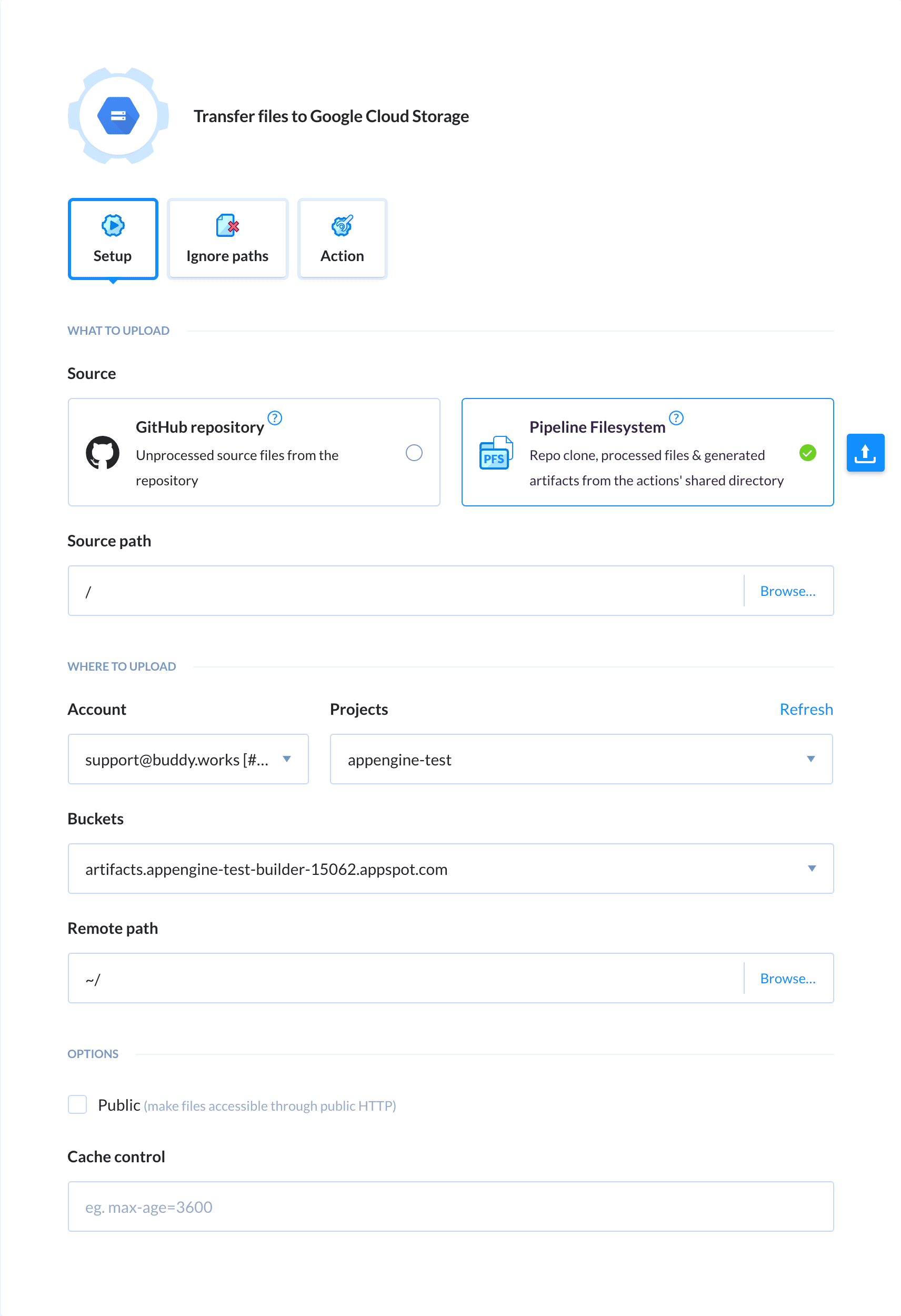Preview Google Cloud Storage action, tab Setup