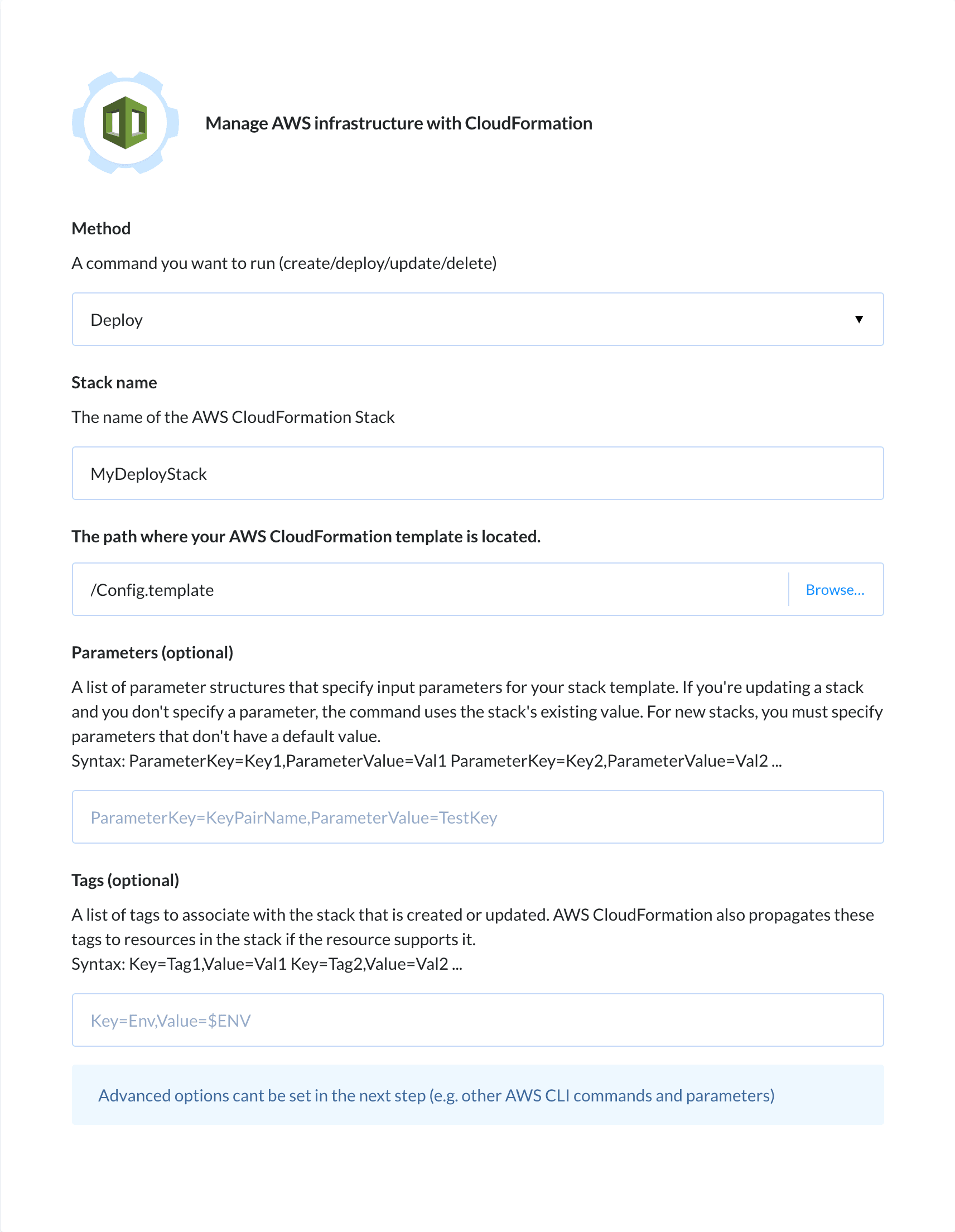 Preview CloudFormation action, tab Configure
