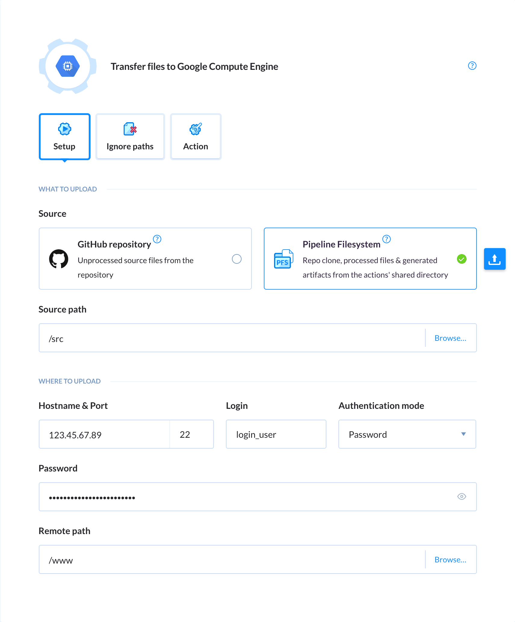 Preview Google Cloud Compute Engine action, tab Setup