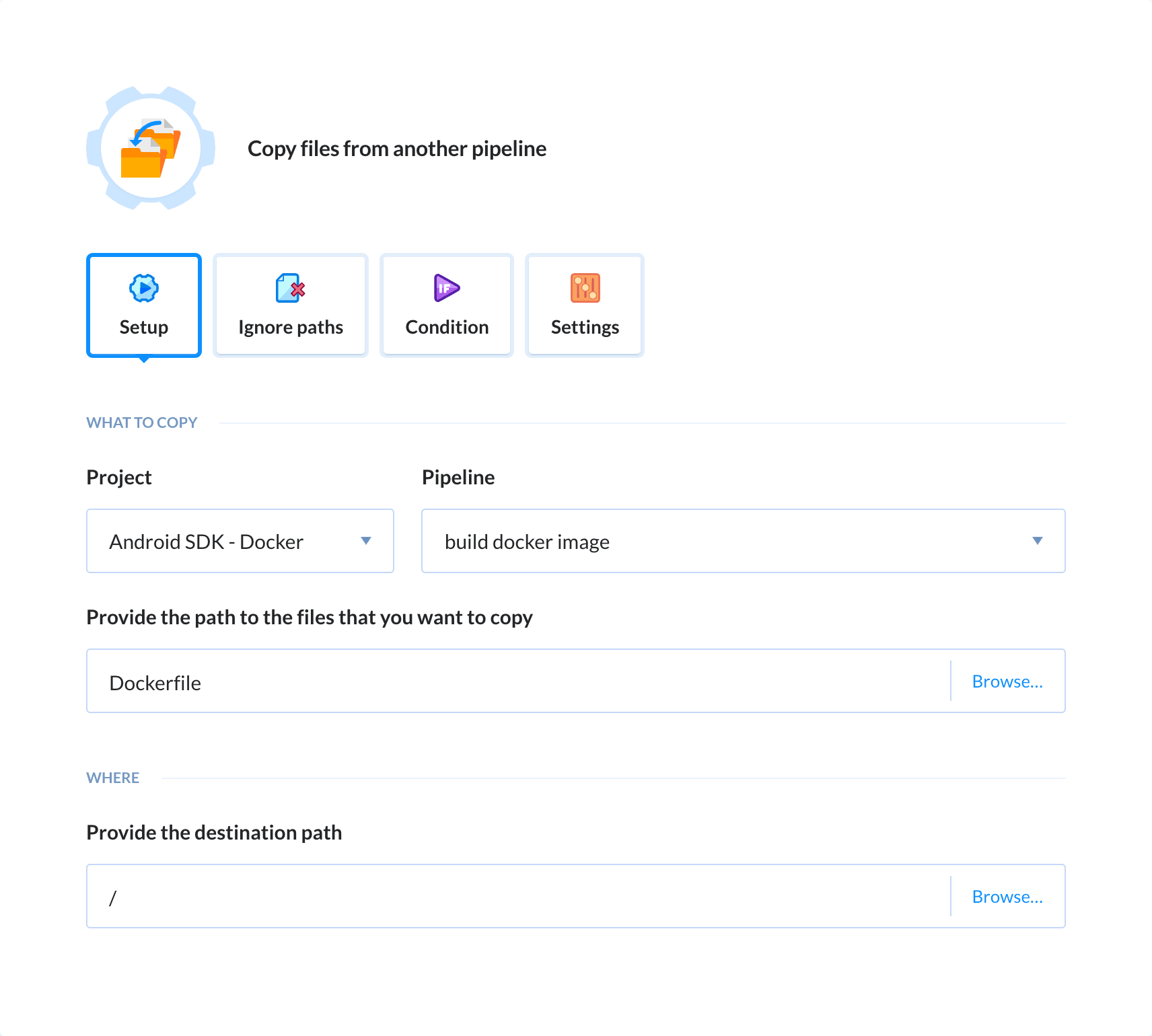 Preview Copy files action, tab Setup