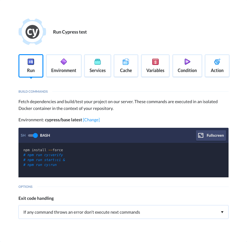 Preview Cypress action, tab Run