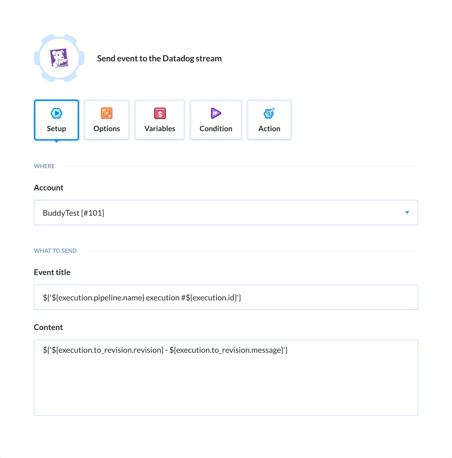 Preview Datadog action, tab Setup