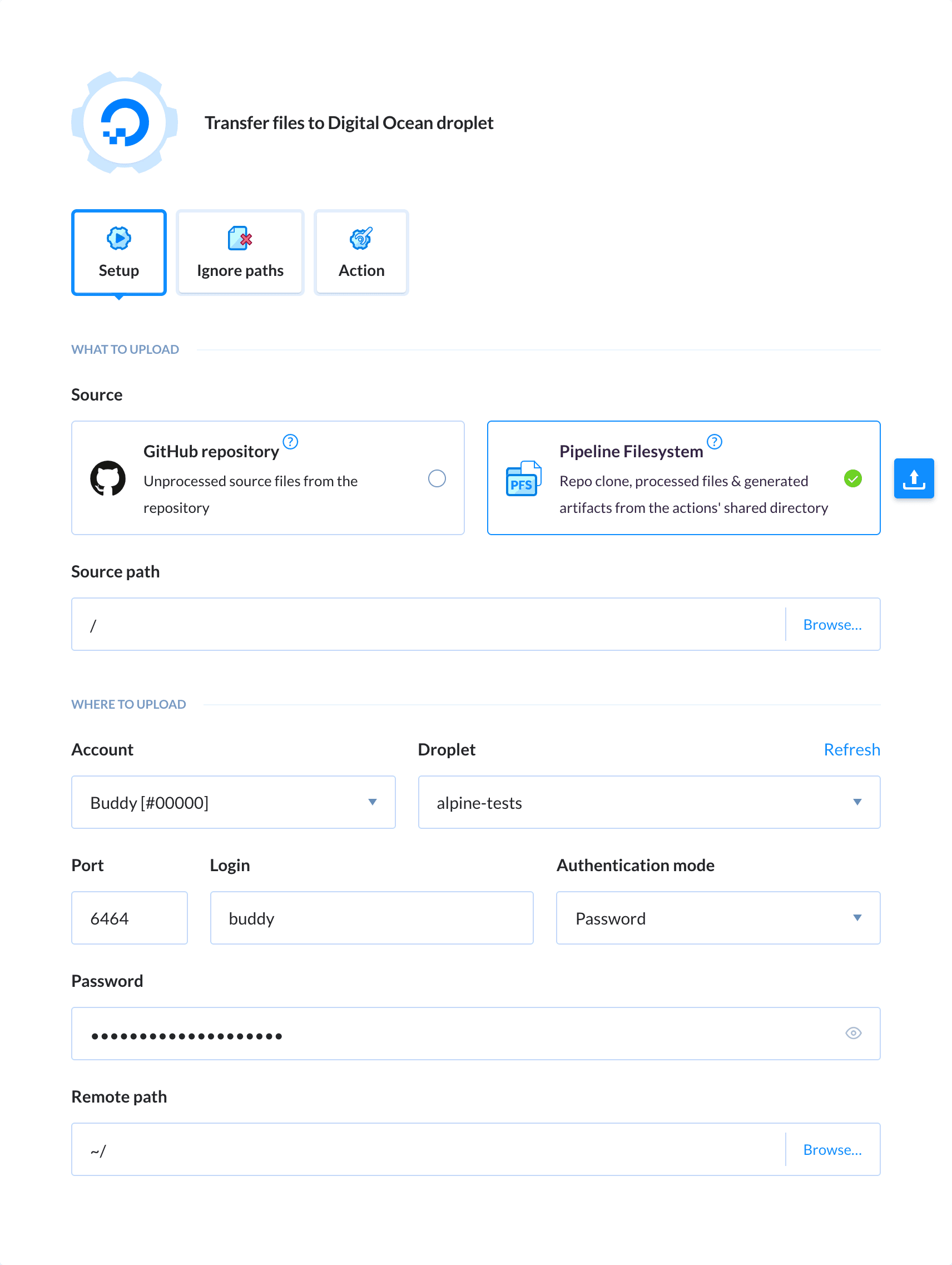 Preview DigitalOcean Droplet action, tab Setup