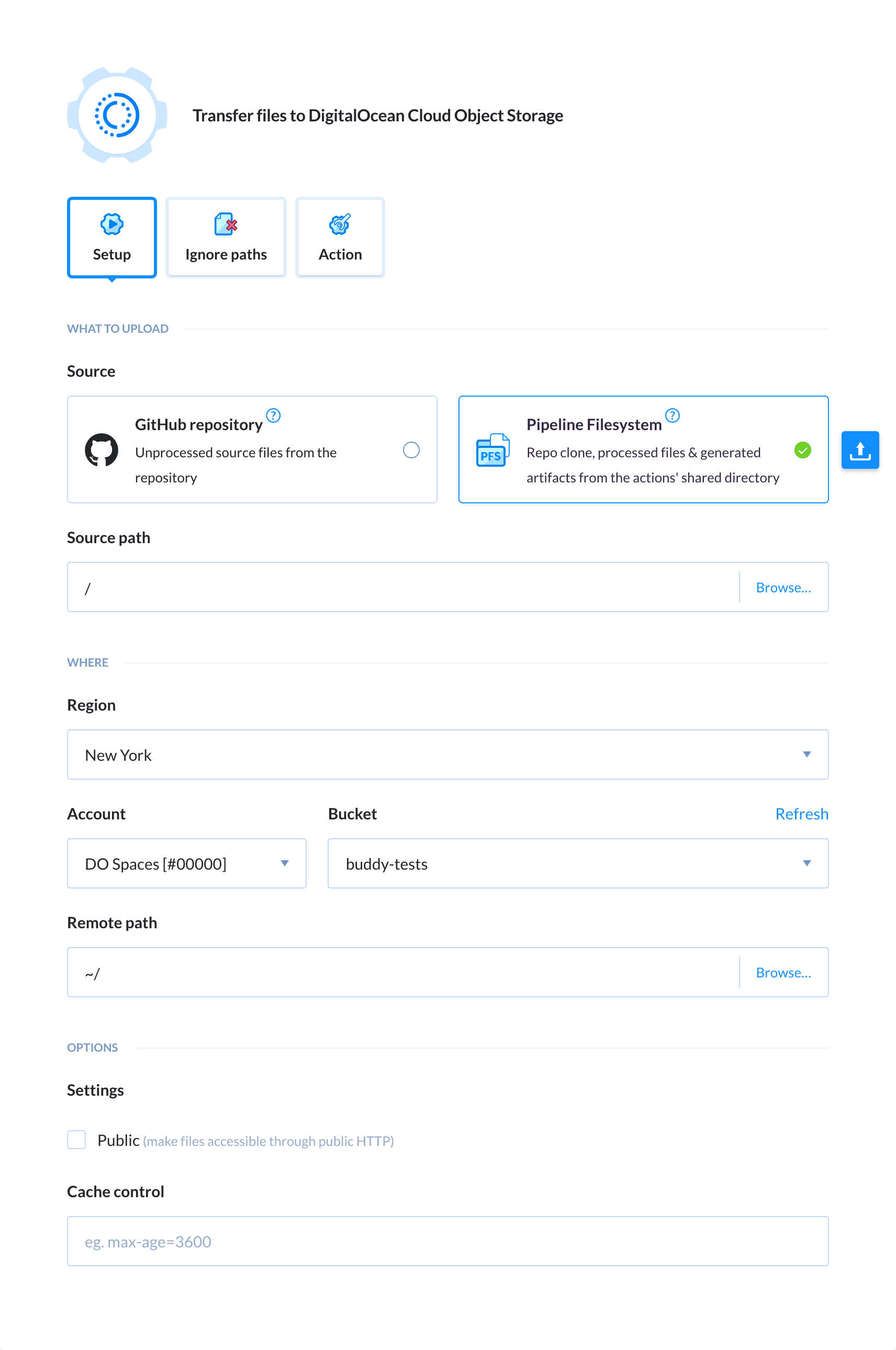 Preview DigitalOcean Spaces action, tab Setup
