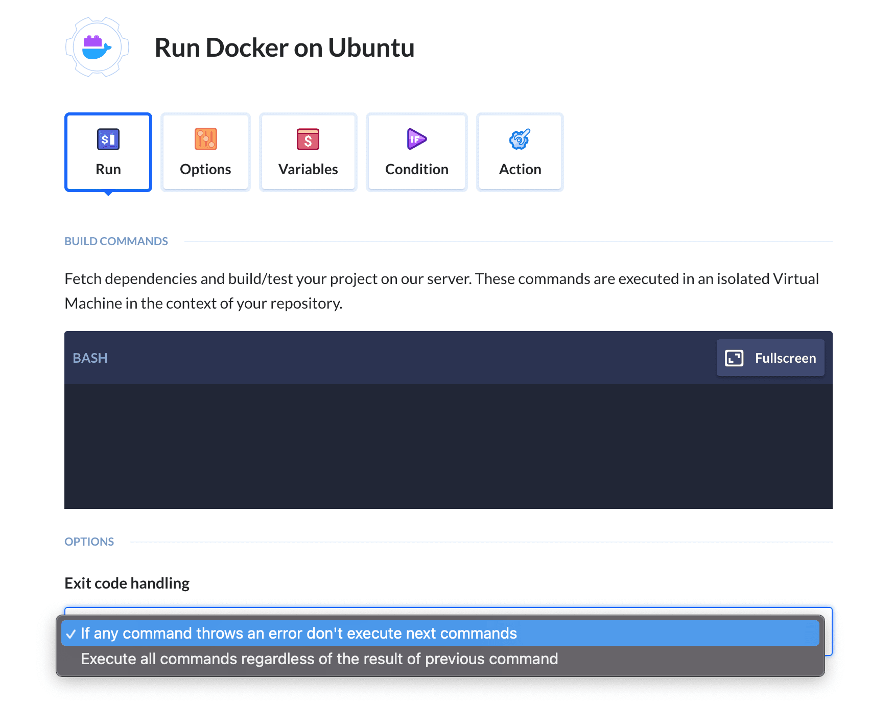 Preview Docker CLI action, tab Run