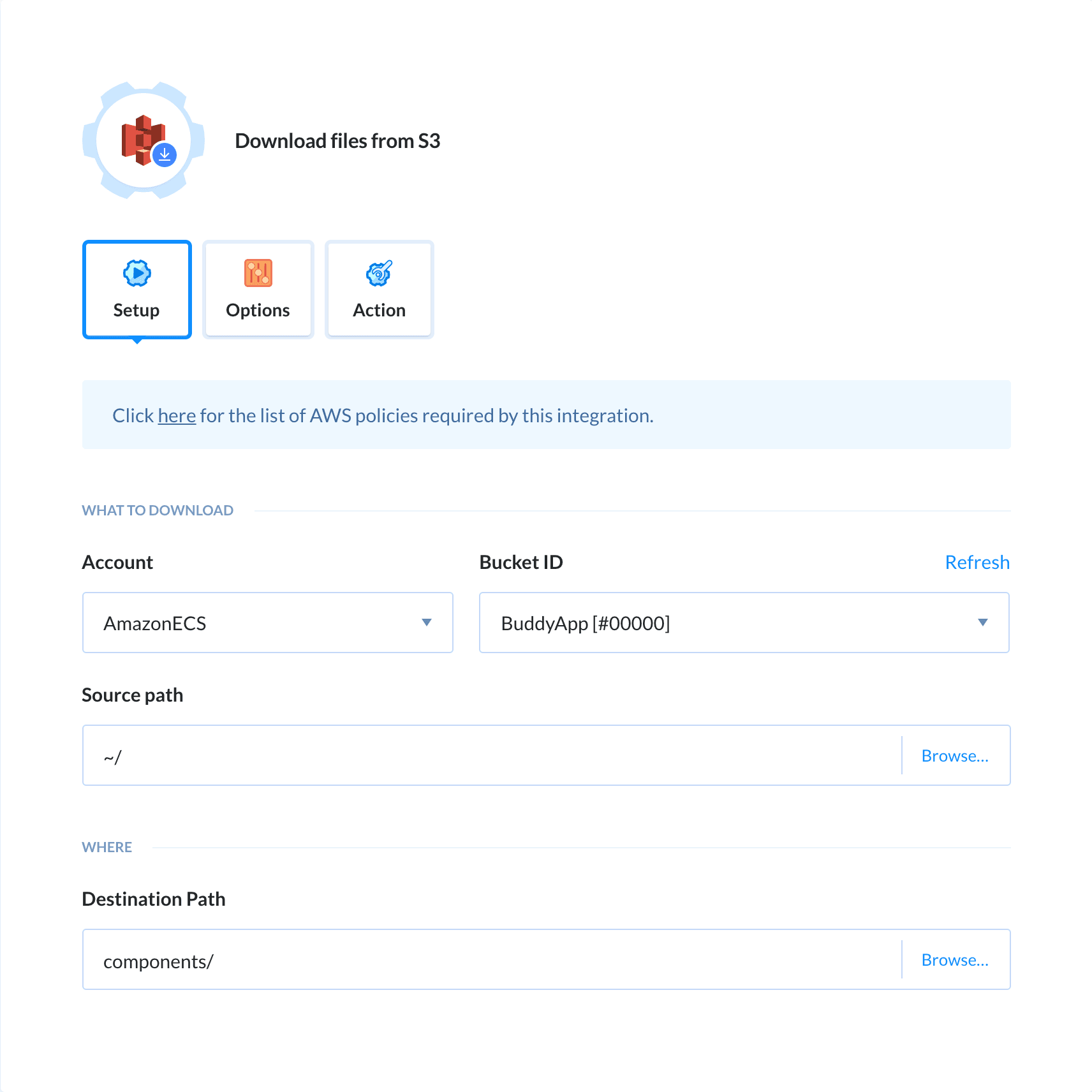 Preview S3 Download action, tab Setup