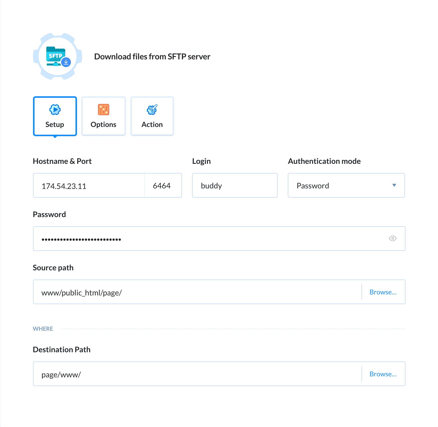 Preview SFTP Download action, tab Setup