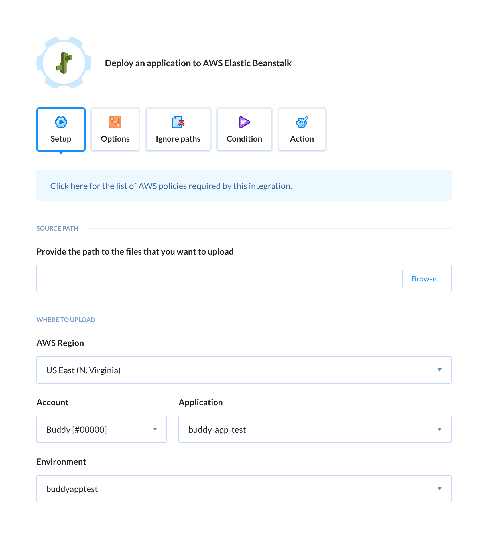 Preview AWS Elastic Beanstalk action, tab Setup