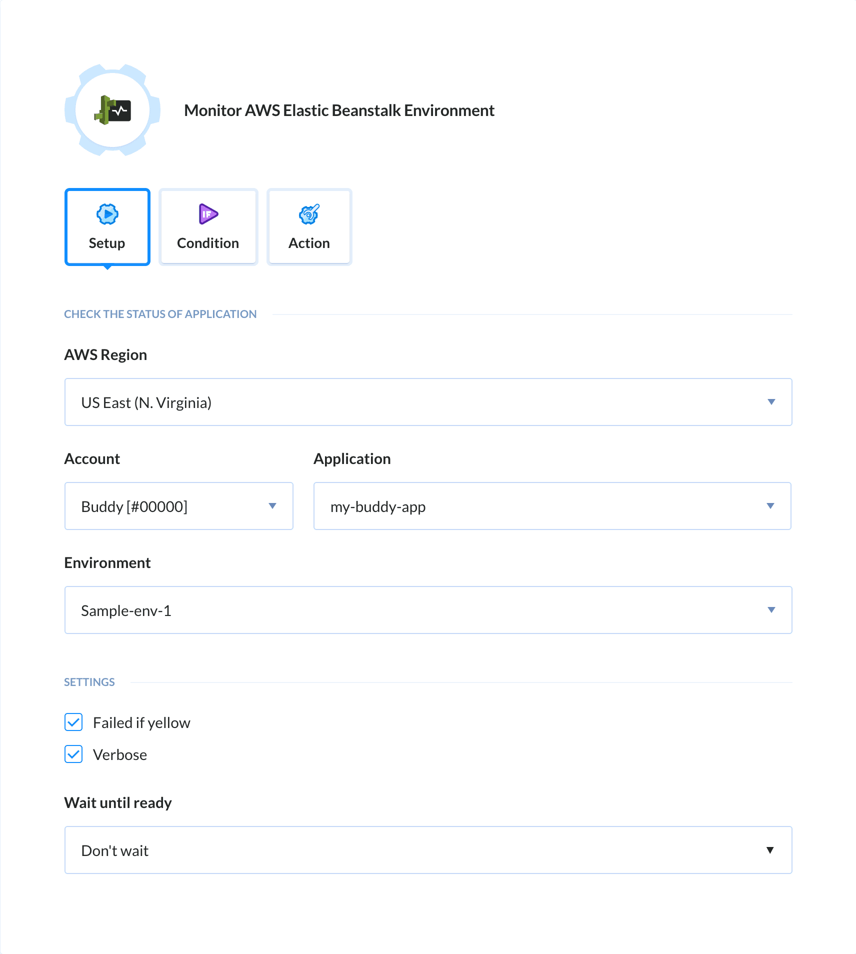 Preview AWS Elastic Beanstalk Monitoring action, tab Setup