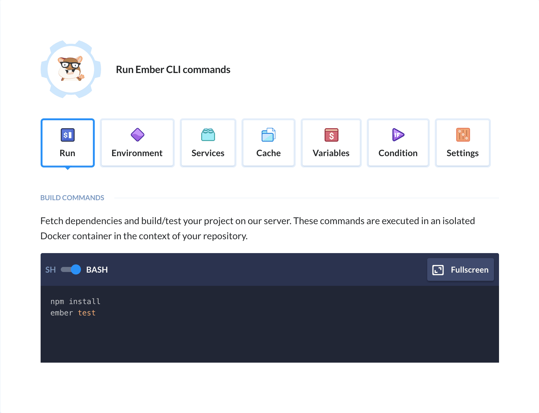 Preview Ember CLI action, tab Run