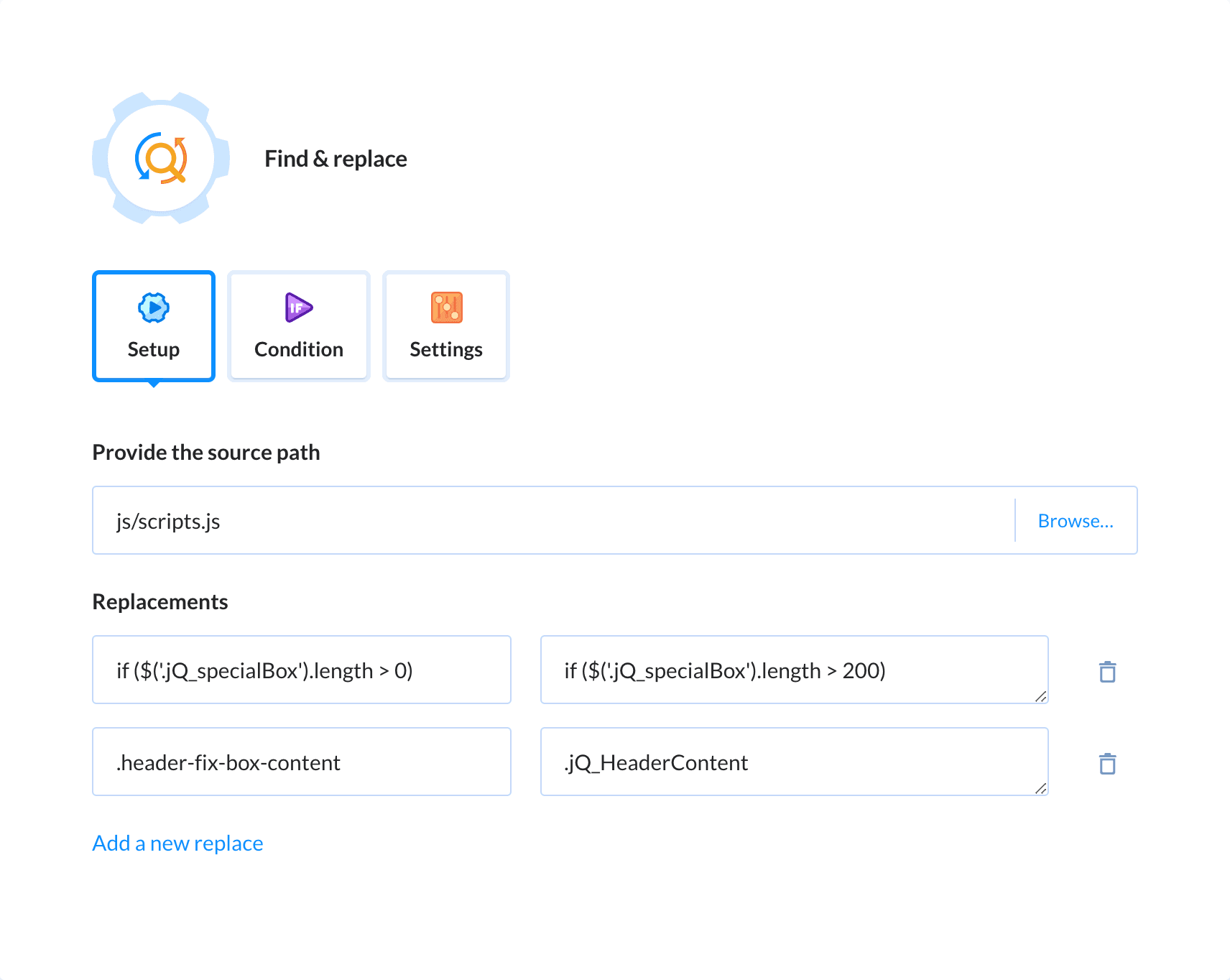 Preview Find & Replace action, tab Setup