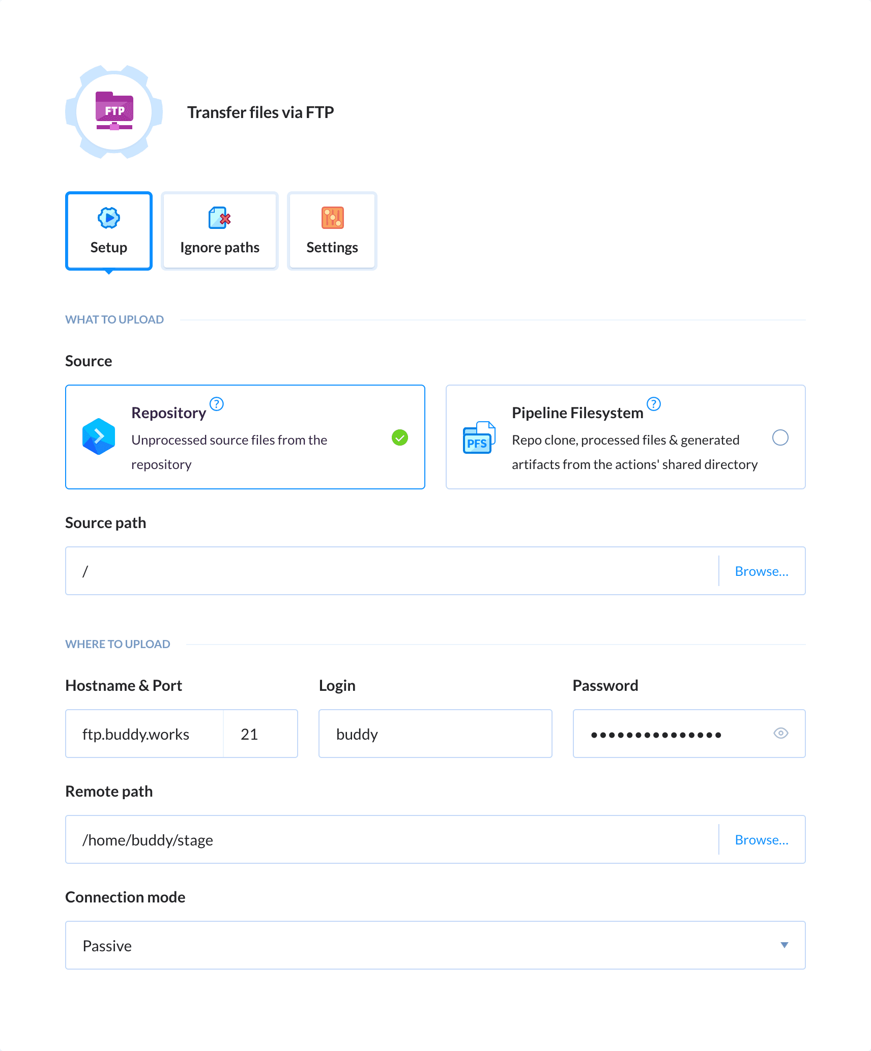 Preview FTP action, tab Setup