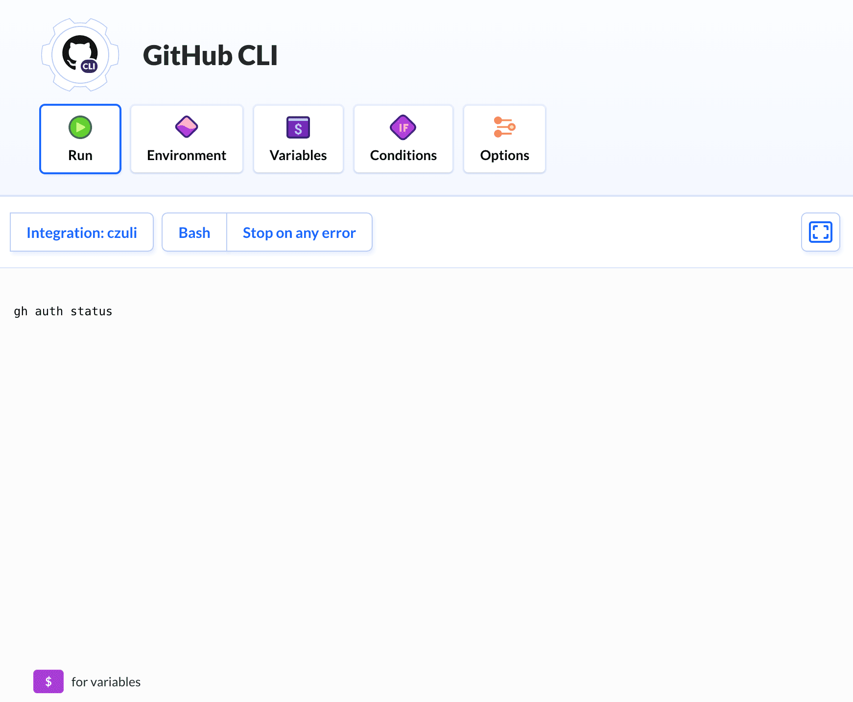 Preview GitHub CLI action, tab Run