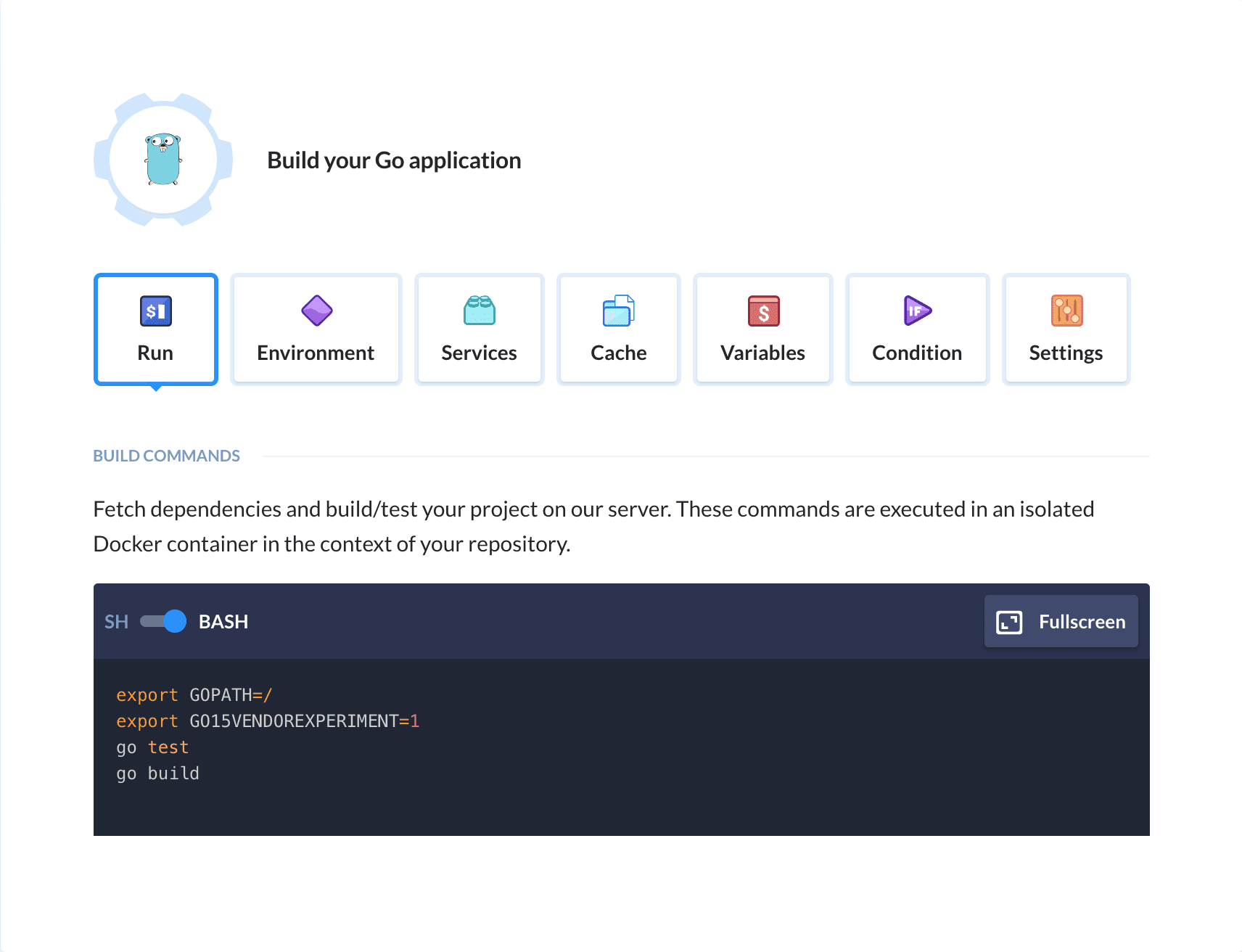 Preview Go action, tab Run