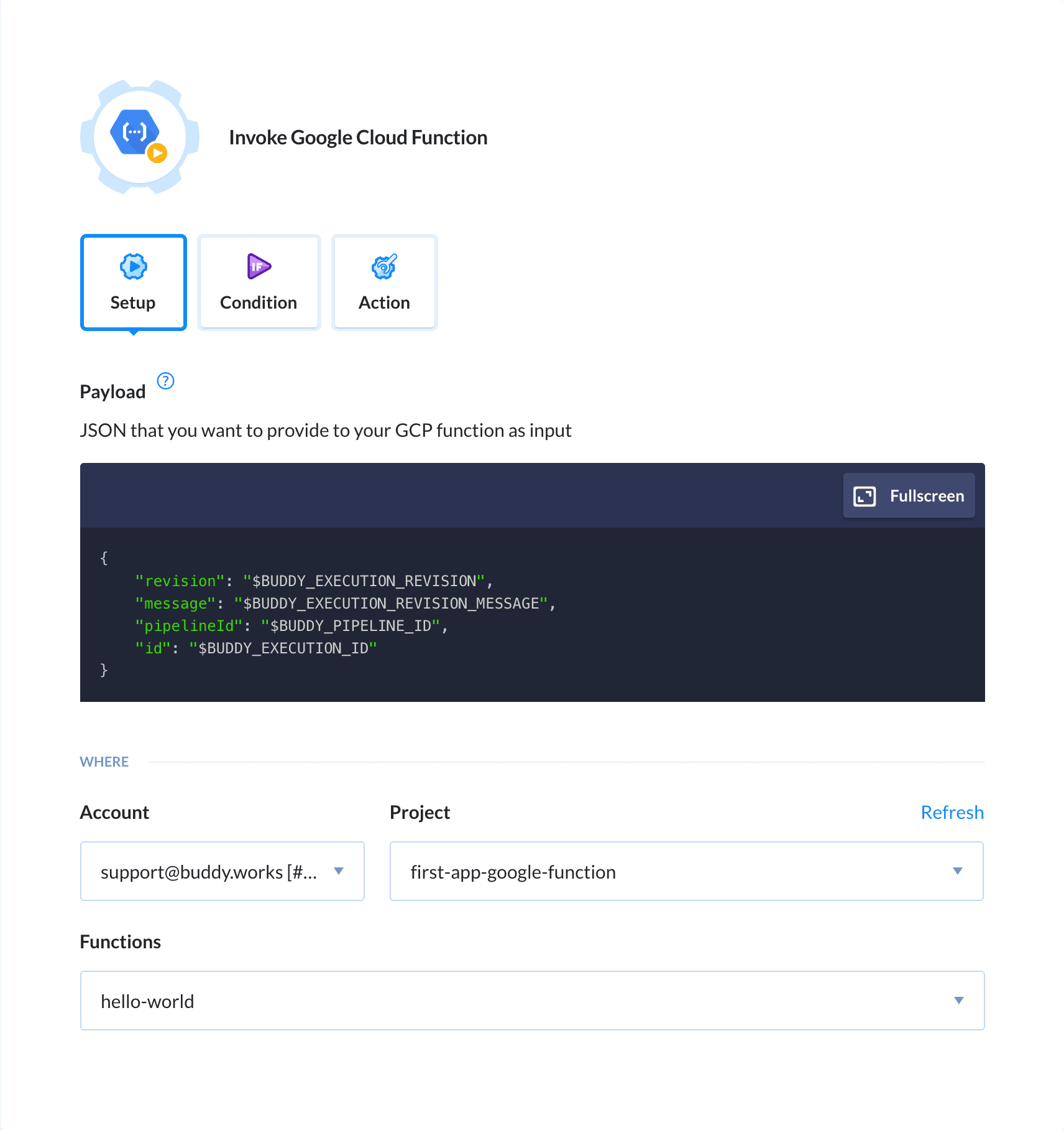 Preview Google Cloud Functions Trigger action, tab Setup