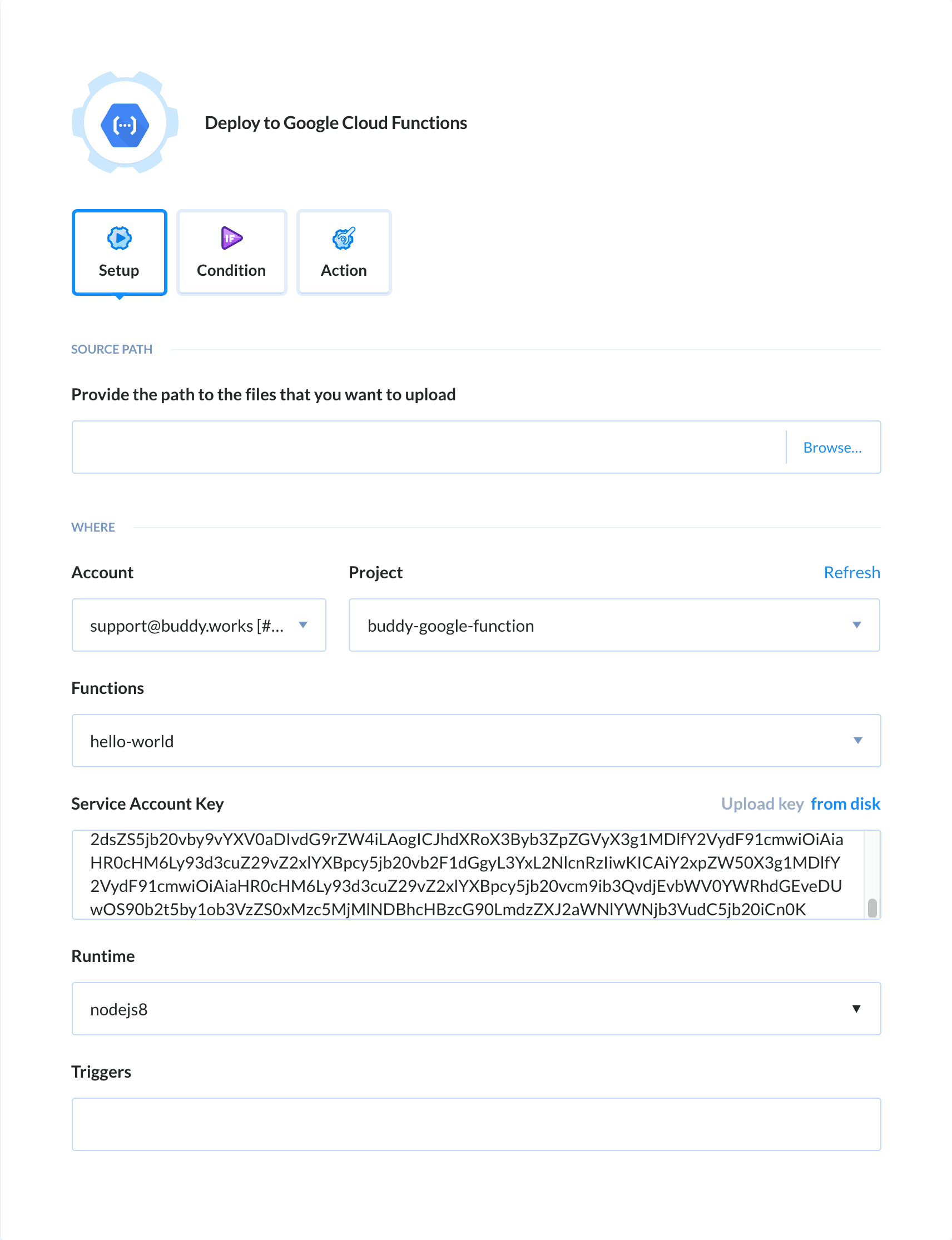 Preview Google Cloud Functions Deploy action, tab Setup