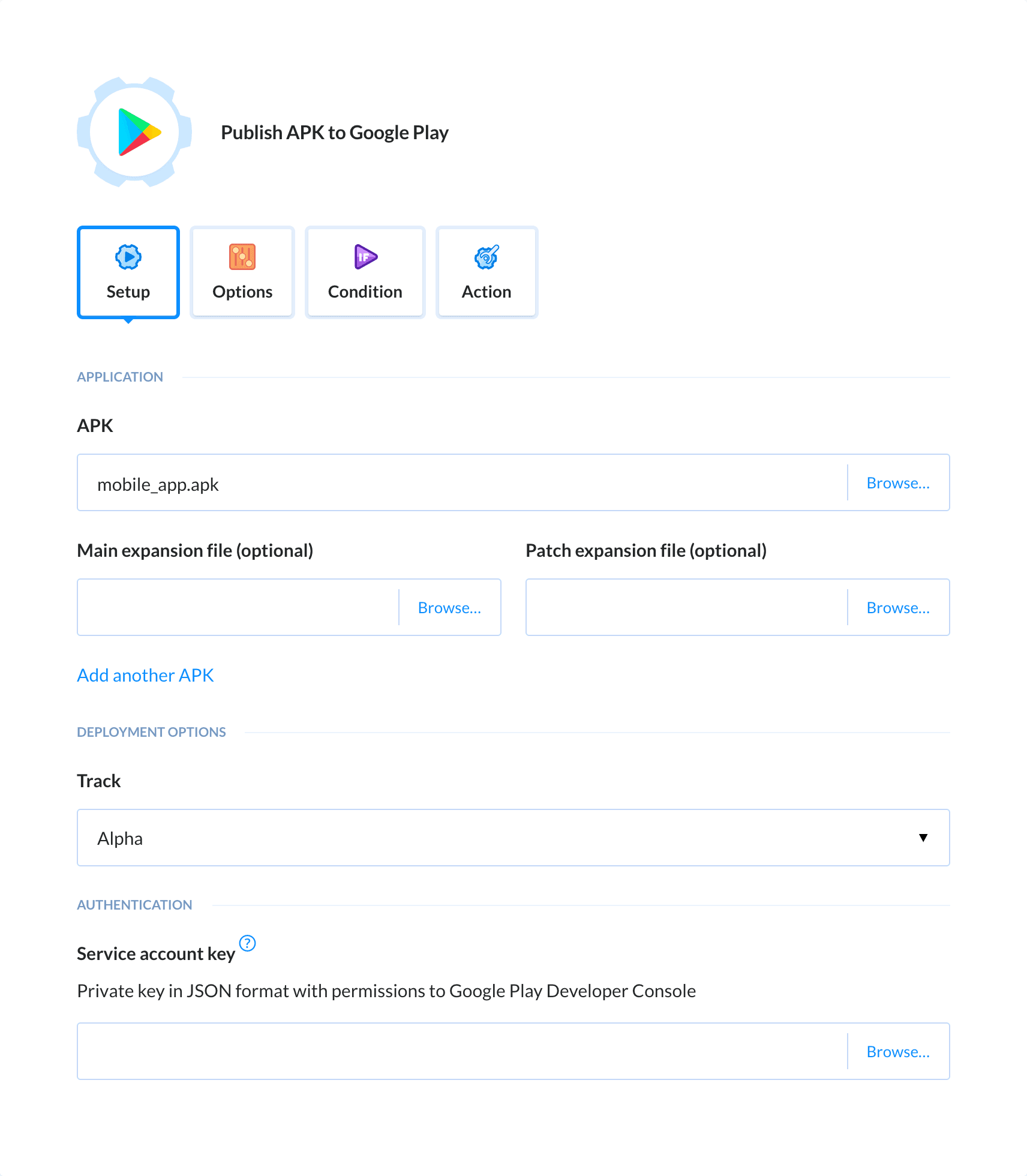 Preview Publish APK to Google Play store action, tab Setup