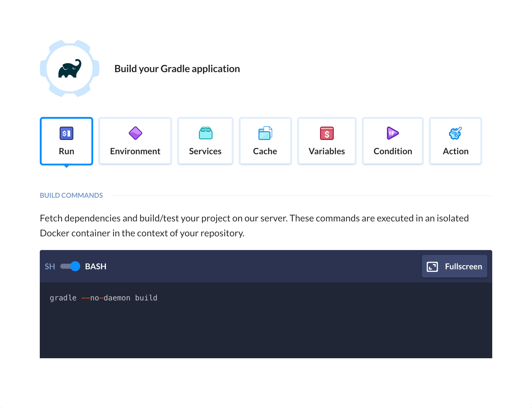 Preview Gradle action, tab Run