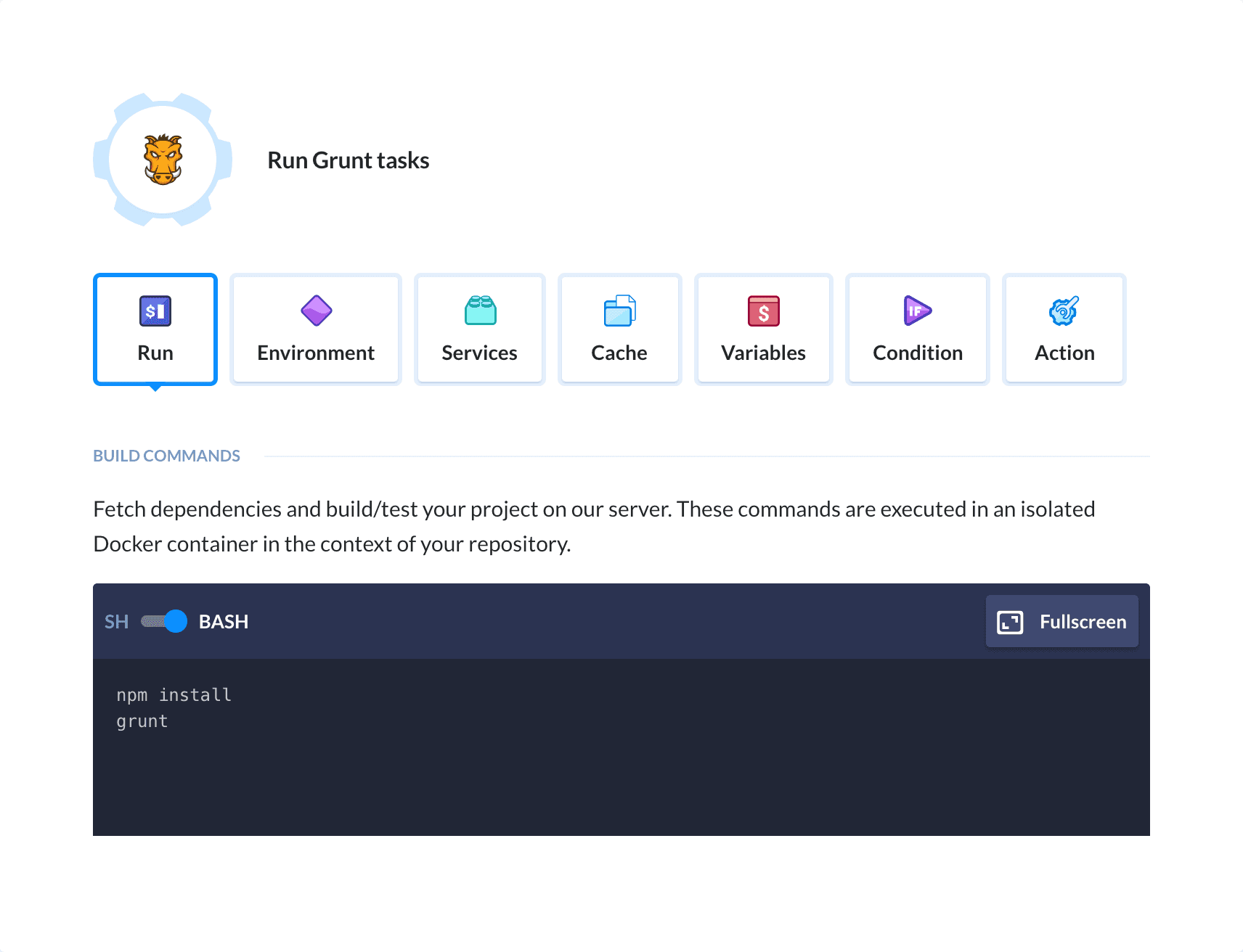 Preview Grunt action, tab Run