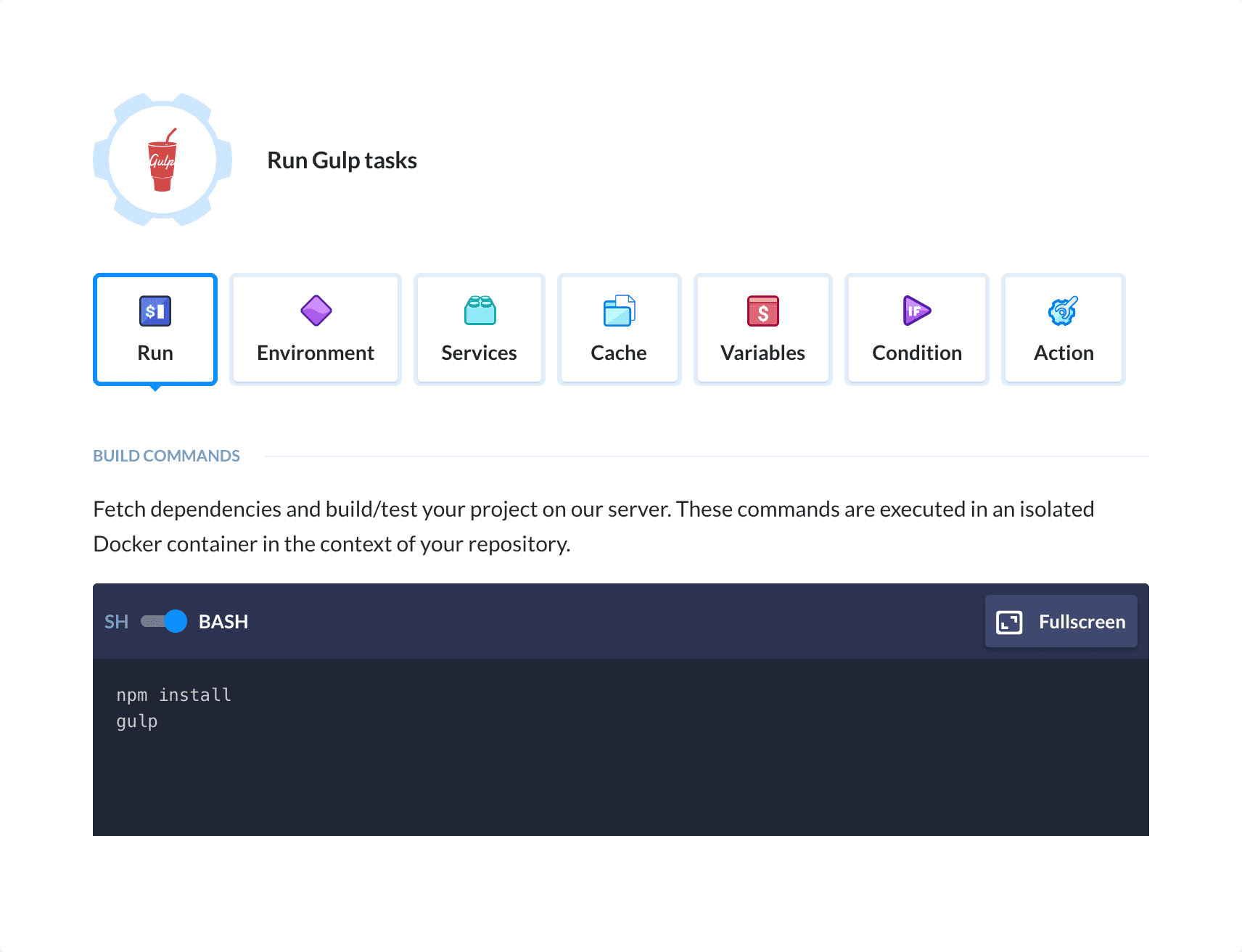 Preview Gulp action, tab Run