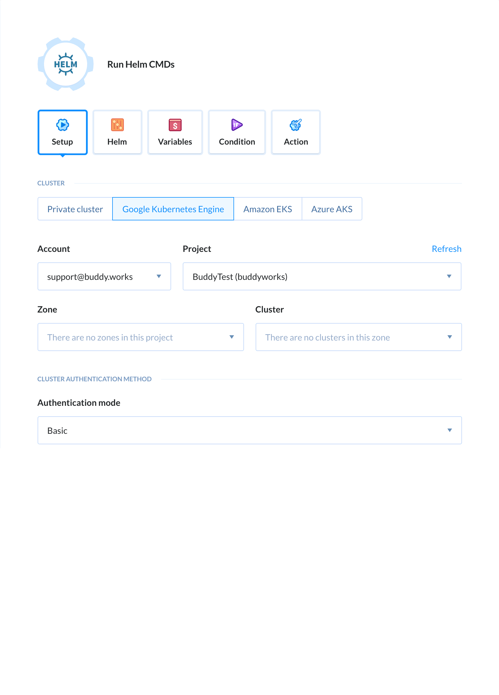 Preview Run Helm CMDs action, tab Setup