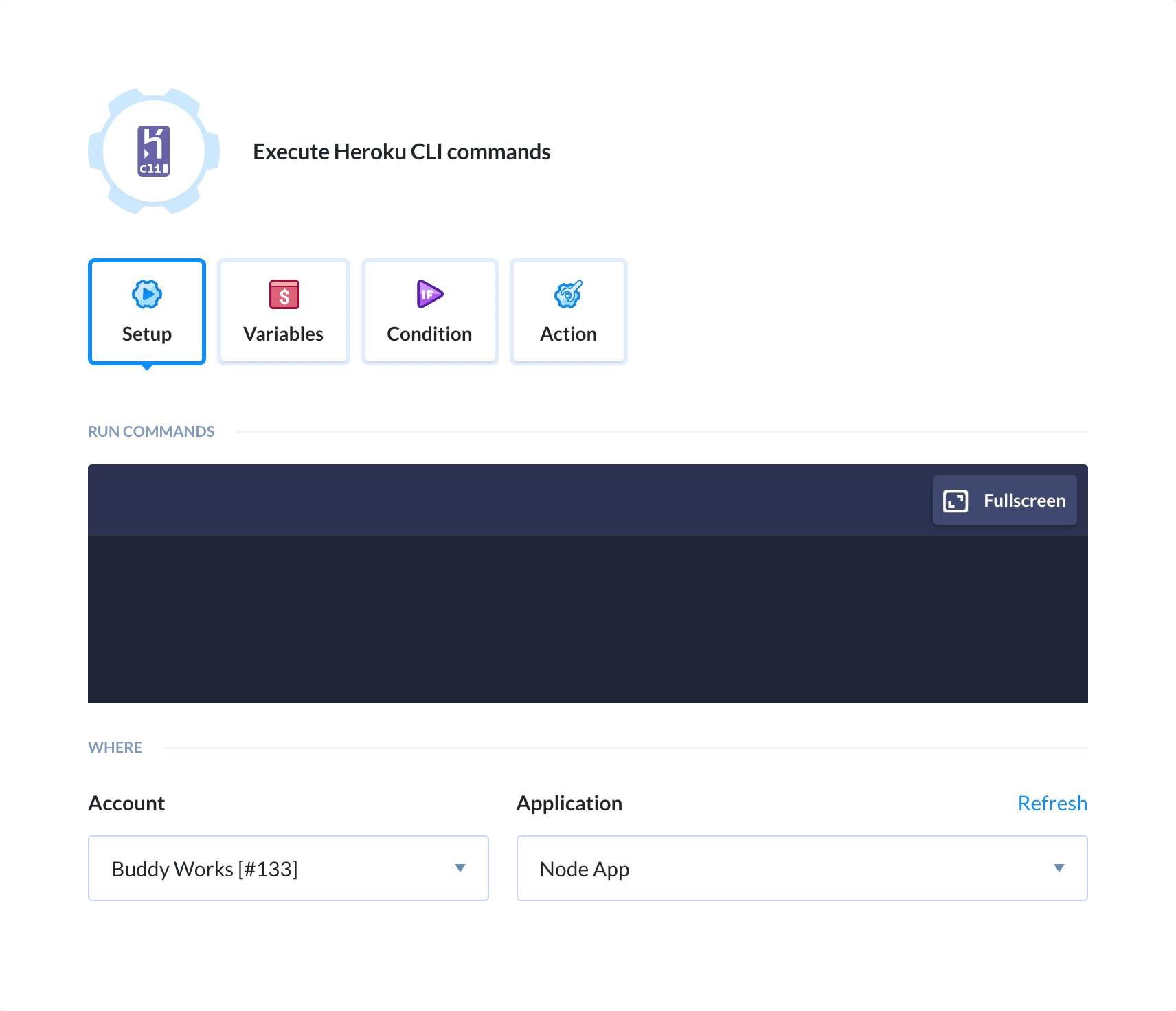 Preview Heroku CLI action, tab Setup