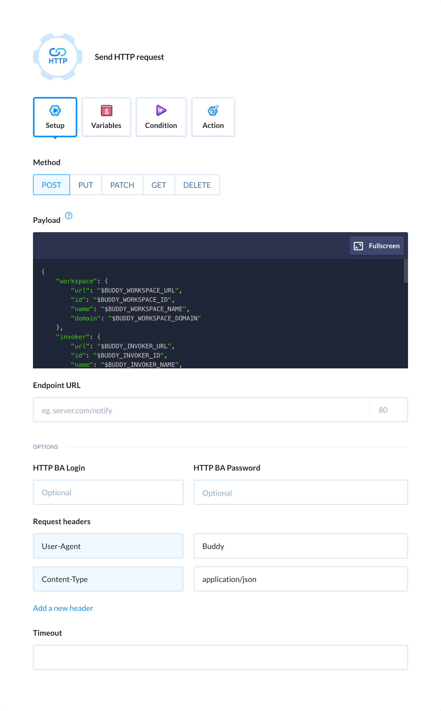 Preview HTTP Request action, tab Setup