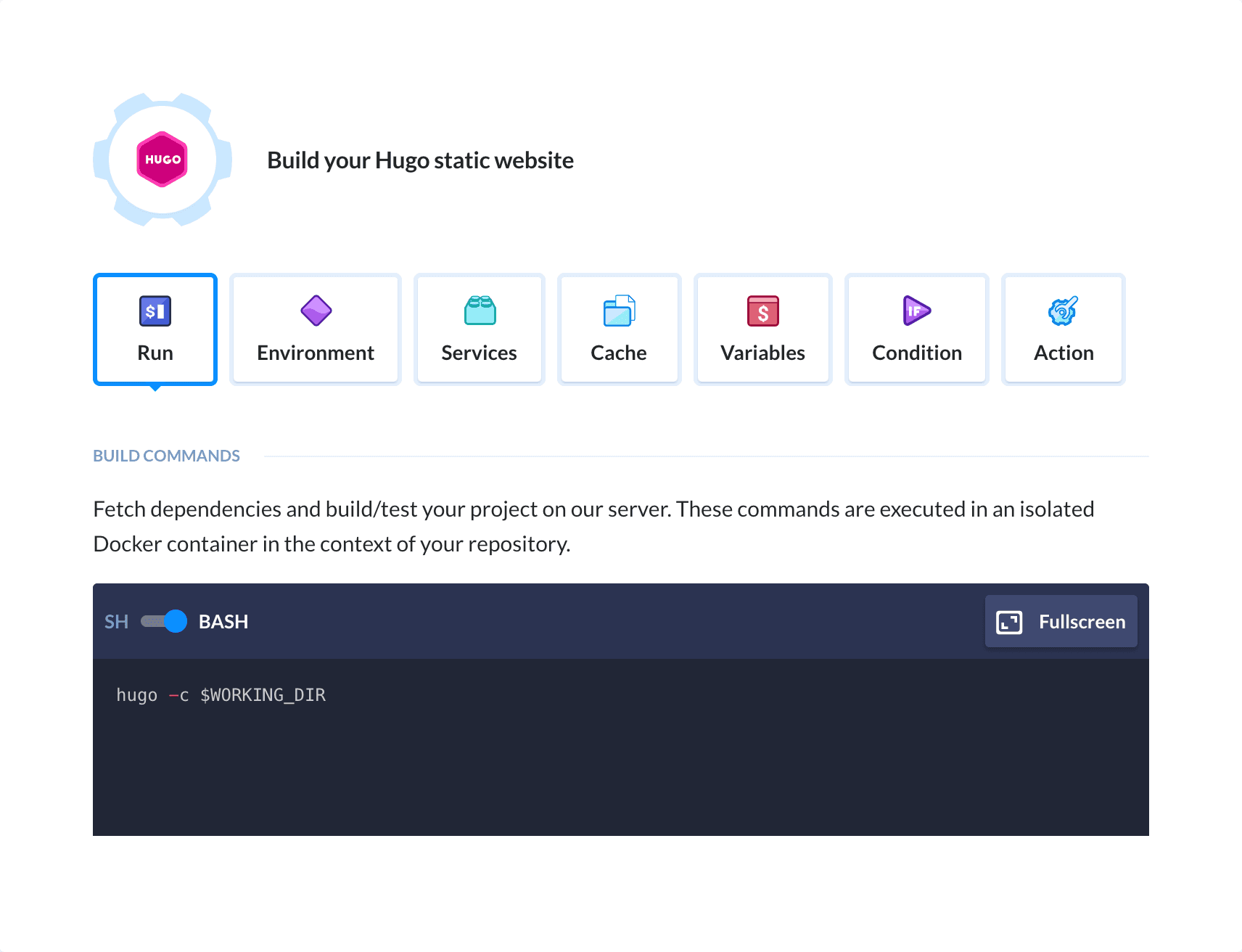 Preview Hugo action, tab Run