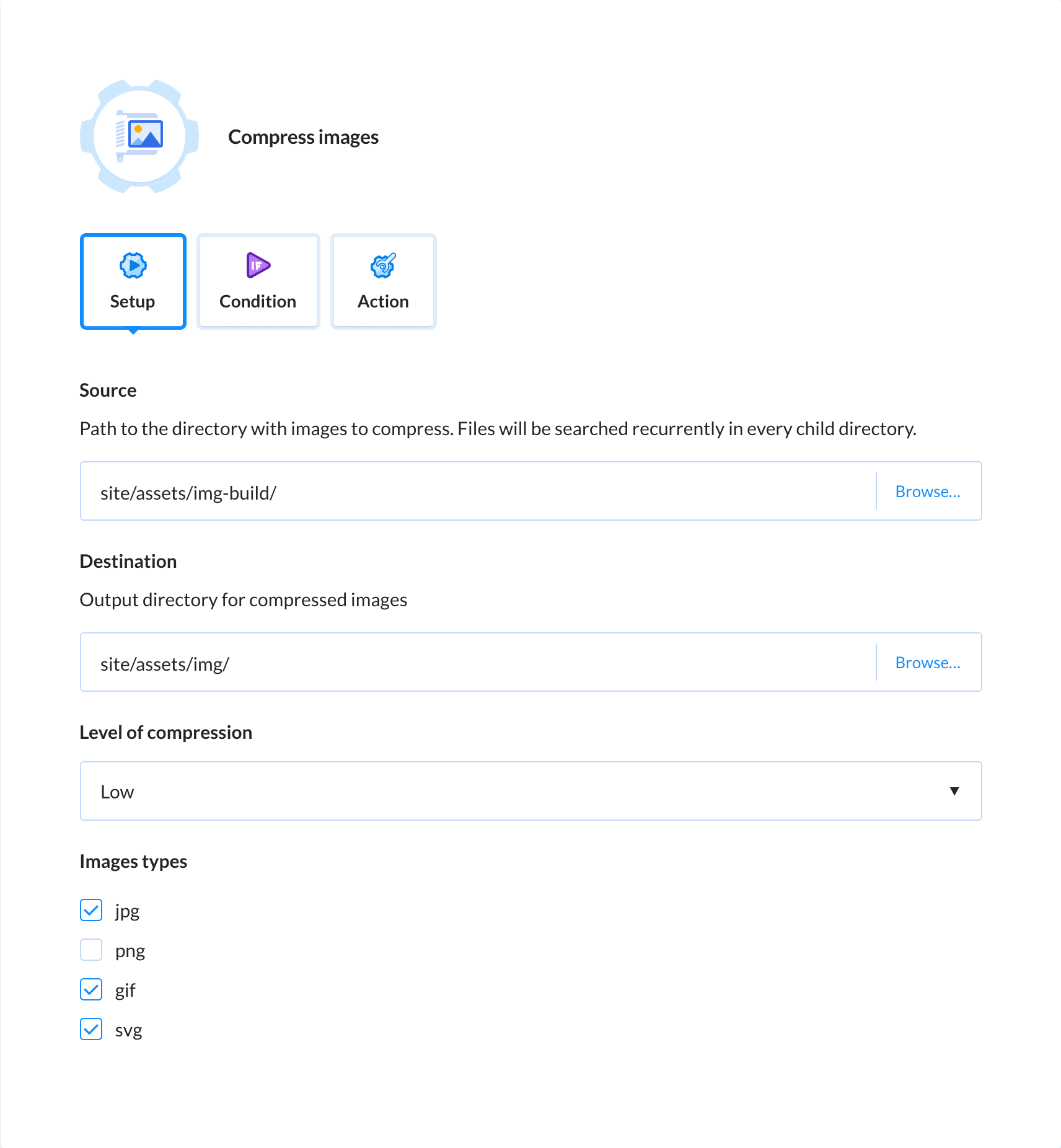 Preview Image Compression action, tab Setup
