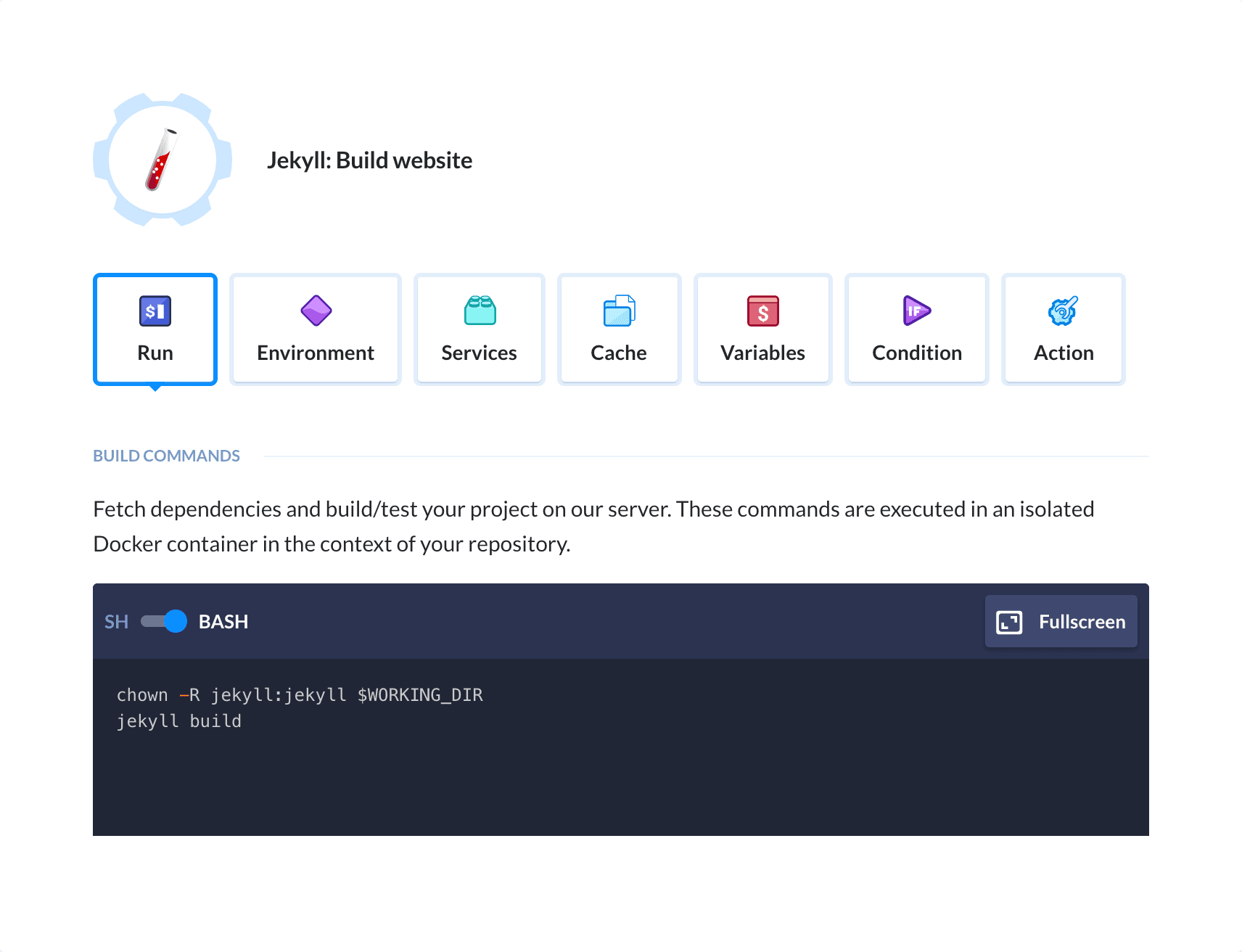 Preview Jekyll action, tab Run