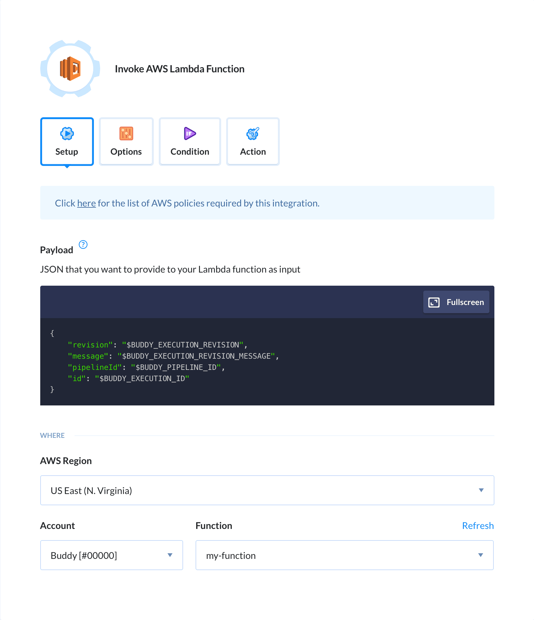 Preview AWS Lambda Invoke action, tab Setup