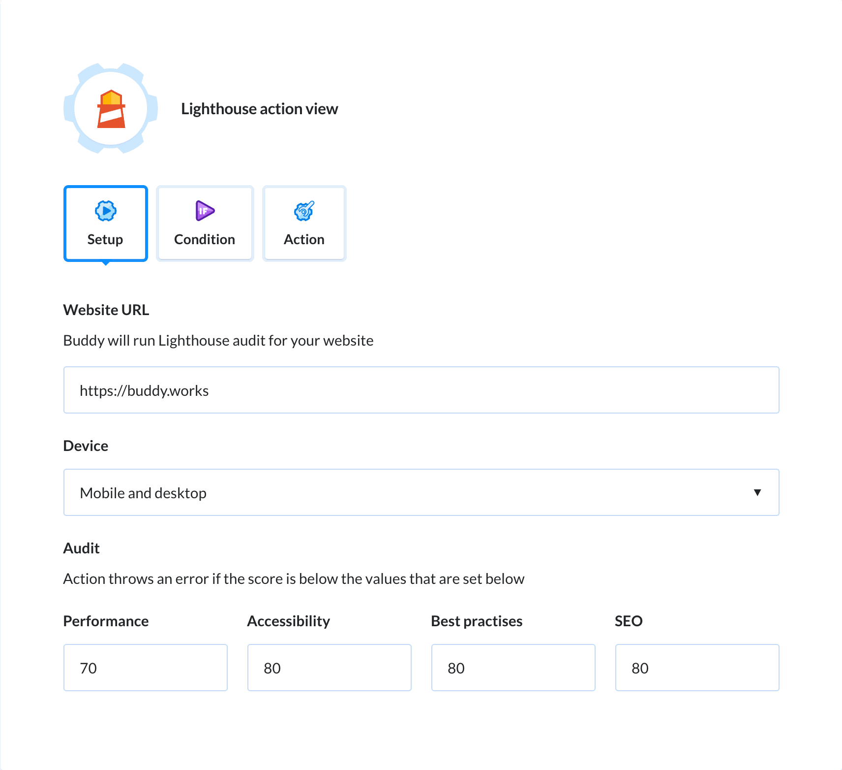 Preview Lighthouse action, tab Setup