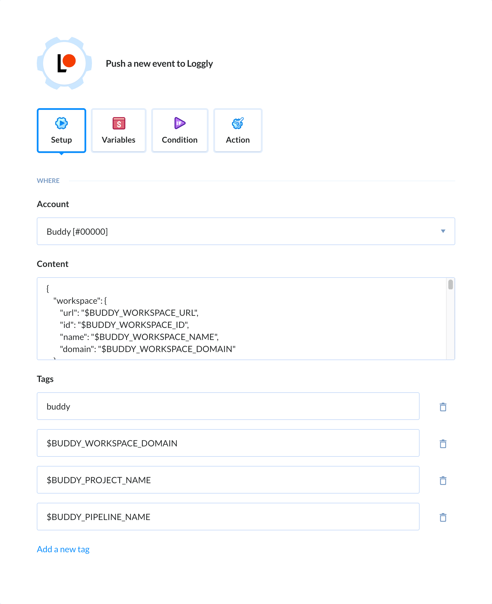 Preview Loggly action, tab Setup