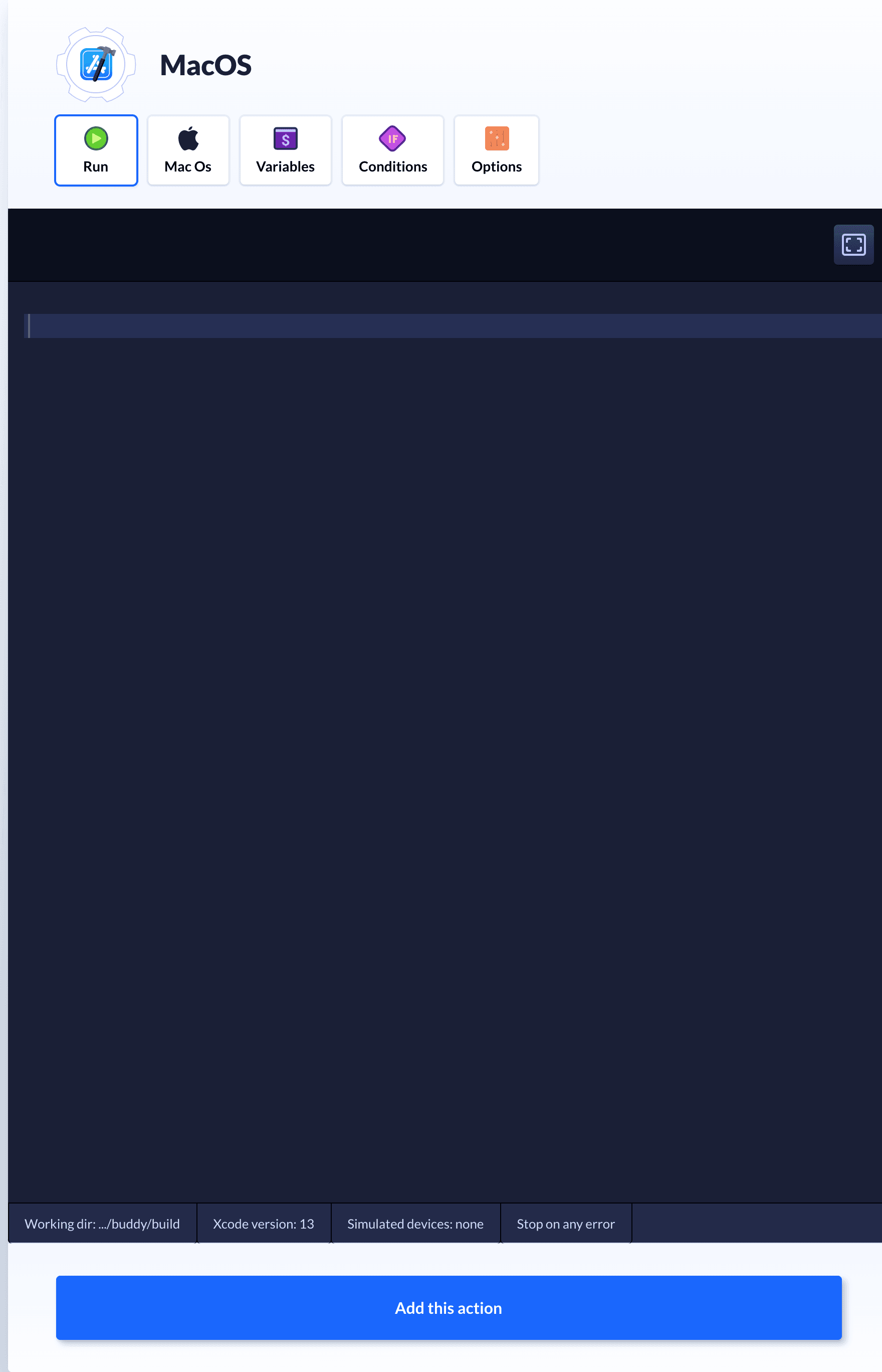 Preview MacOS VM action, tab Run