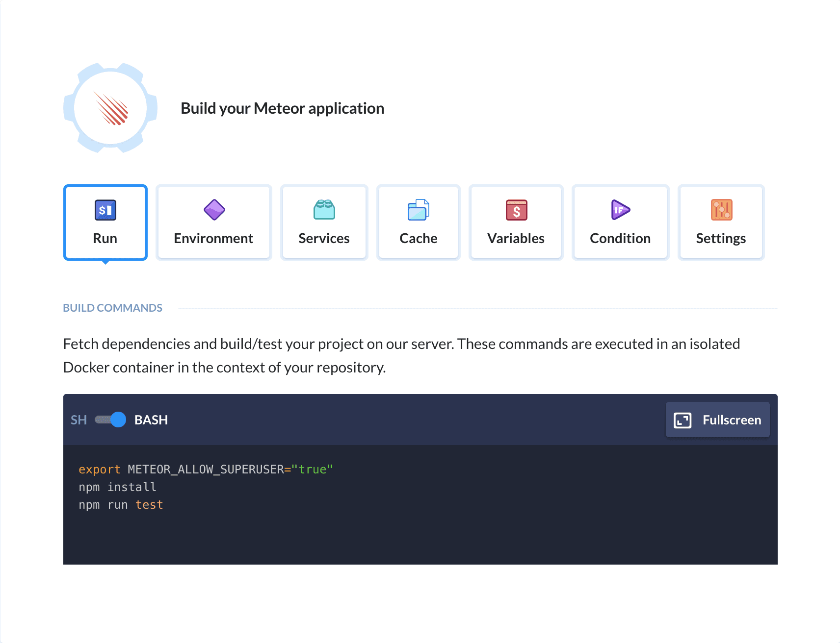 Preview Meteor action, tab Run