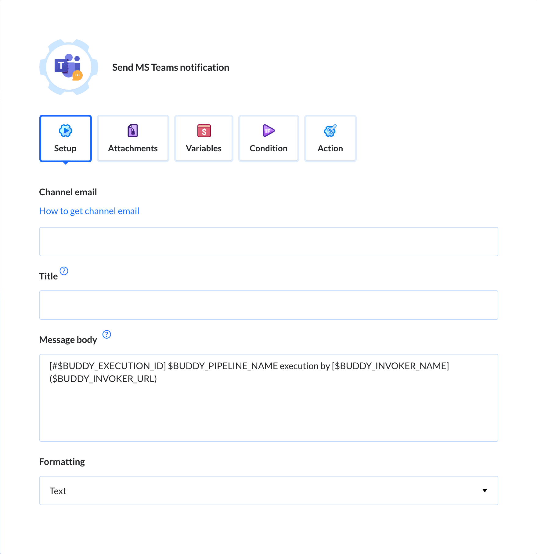 Preview Microsoft Teams action, tab Setup