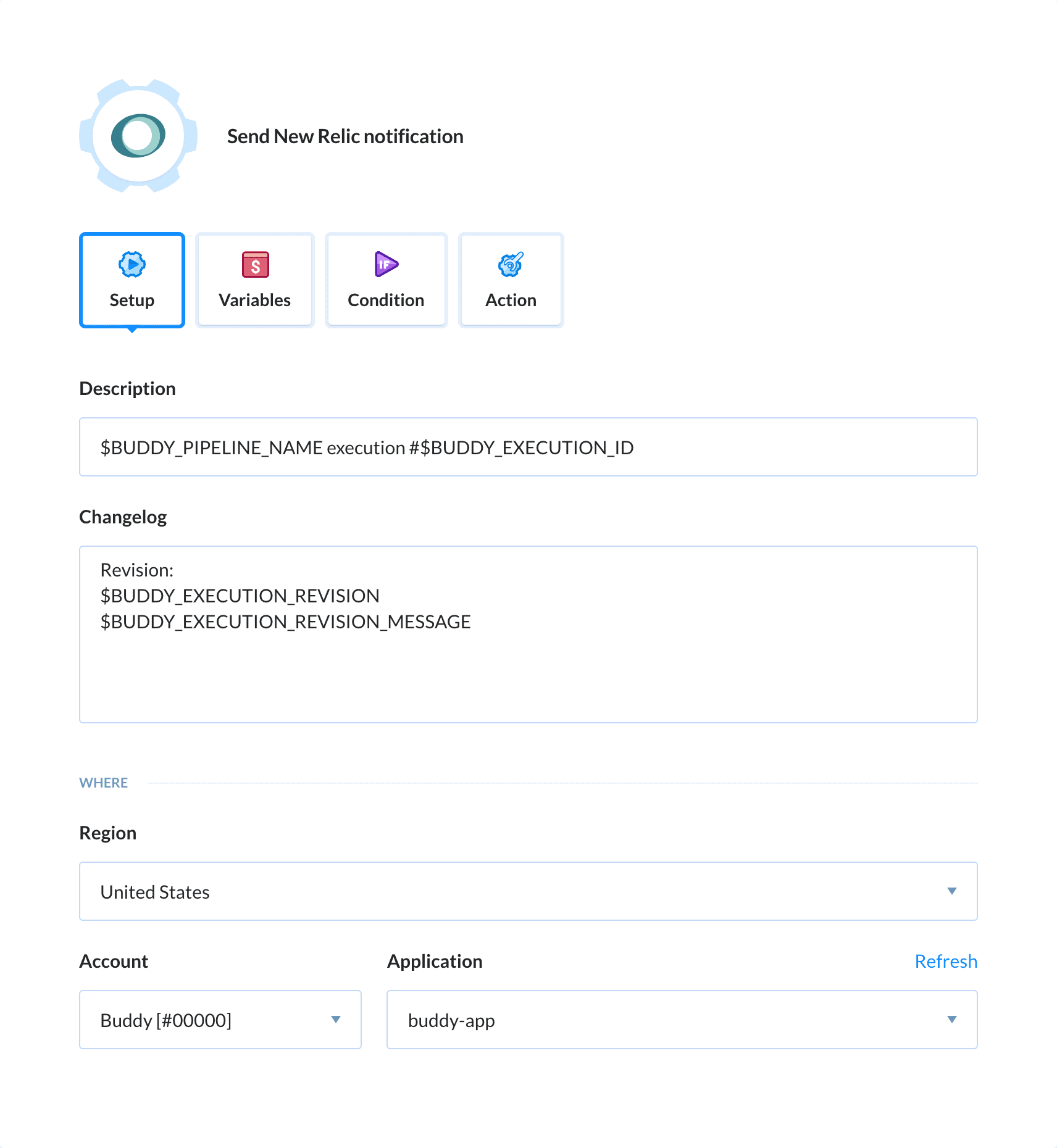 Preview New Relic action, tab Setup